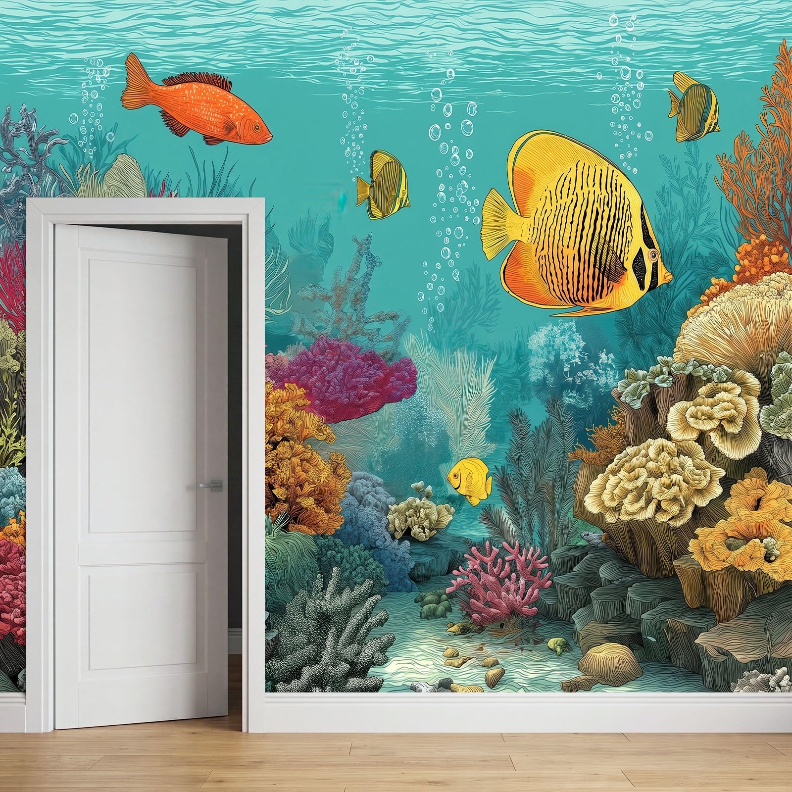 500 x 280 cm, fototapeta z włókniny, na wymiar, podwodny krajobraz, rafy koralowe, ryby, turkusowa, fotorealistyczna, tapeta na flizelinie, tapeta z motywem, dekoracja ścienna, dekoracja ścienna