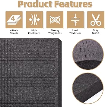 4 Pack Pre-Cut Pick & Pluck Polyurethane Foam Sheets,16122in Gun/Game/Tool Box Protective Insert Foam