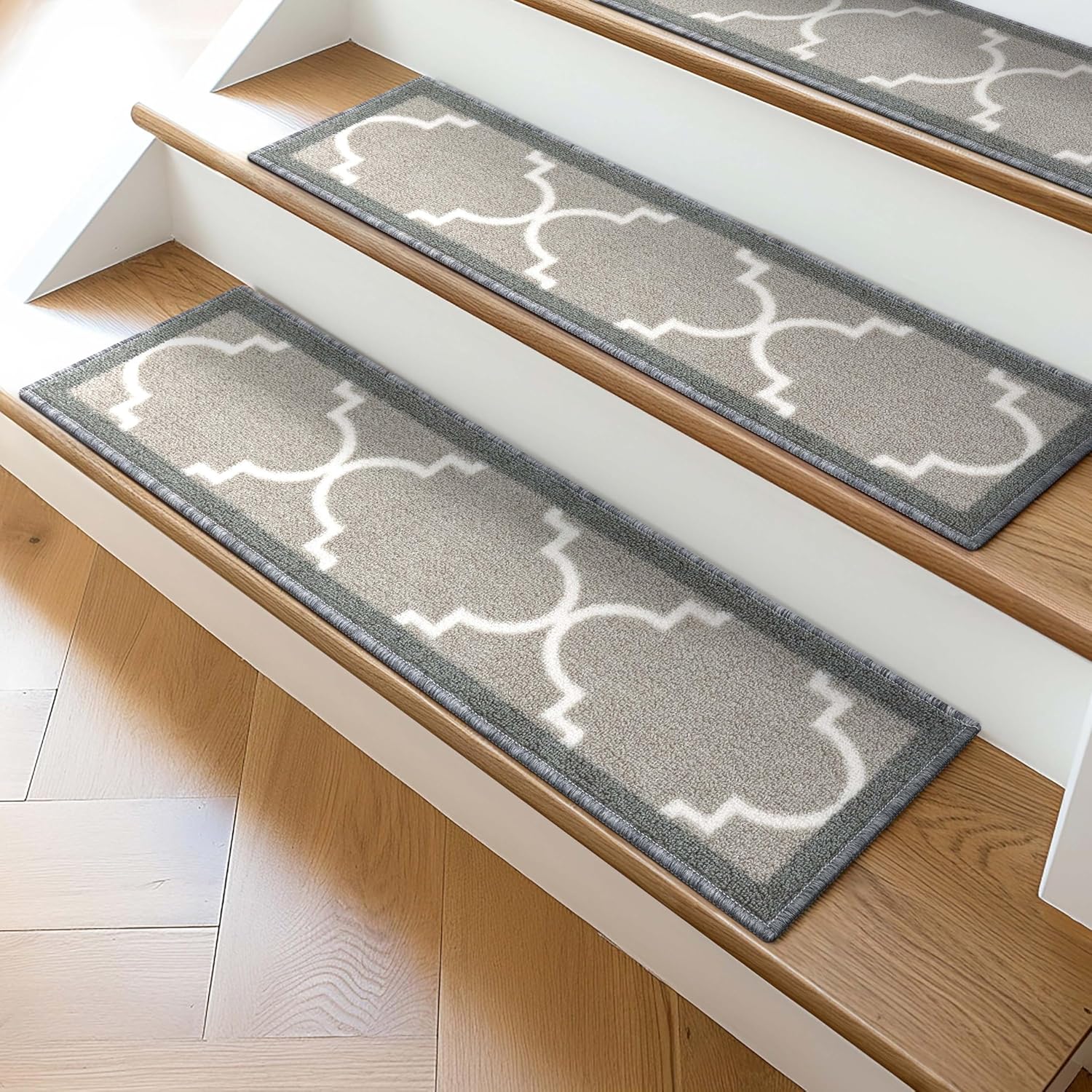 Well Woven 9" x 31" Stair Tread [Set of 7] Grey Brooklyn Trellis Geometric Flatwoven