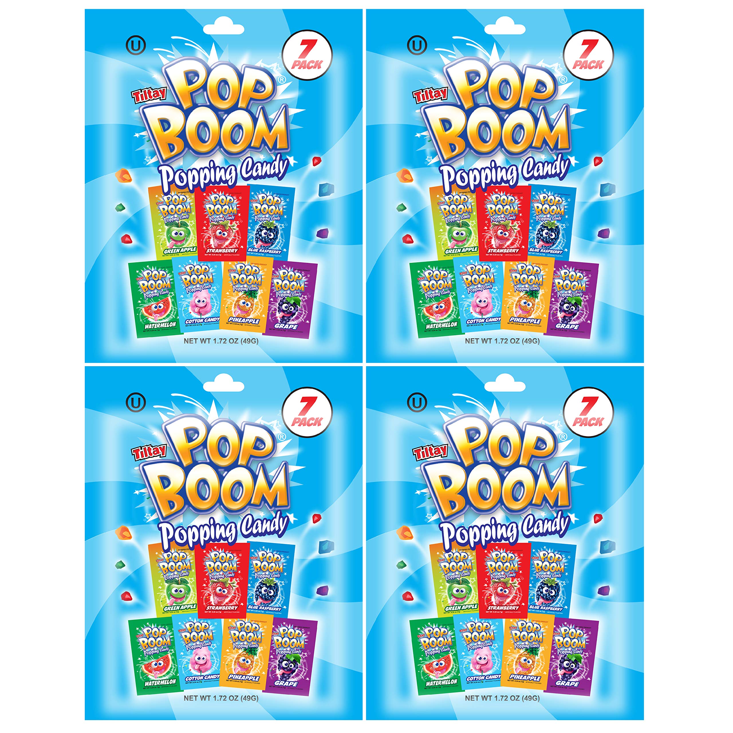 Tiltay Pop Boom Popping Rock Candy – 7 Flavor Assortment, Strawberry, Green Apple, Blue Raspberry, Watermelon, Grape, Pineapple, Cotton Candy – 4 bags