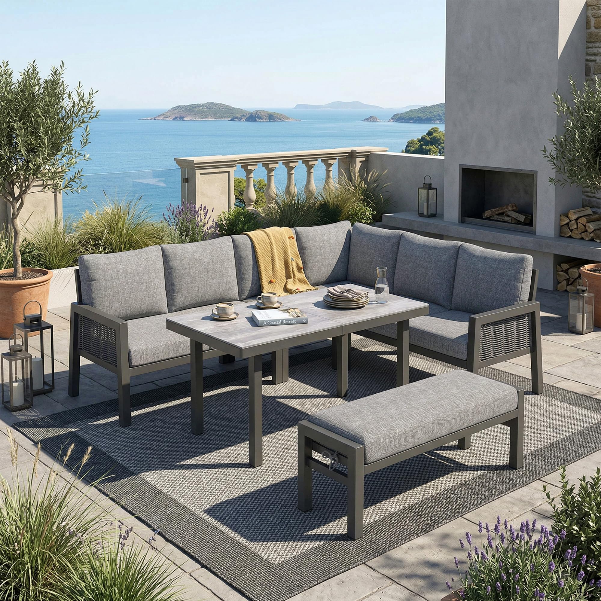 Set da pranzo da giardino per 8 persone, sala angolare e panca, polietilene intrecciato, acciaio zincato, piano in vetro, grigio