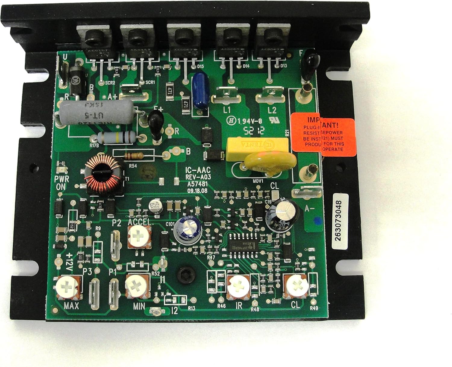 Top-down view of the KBIC-240D DC motor control board showing trimpots and connection points