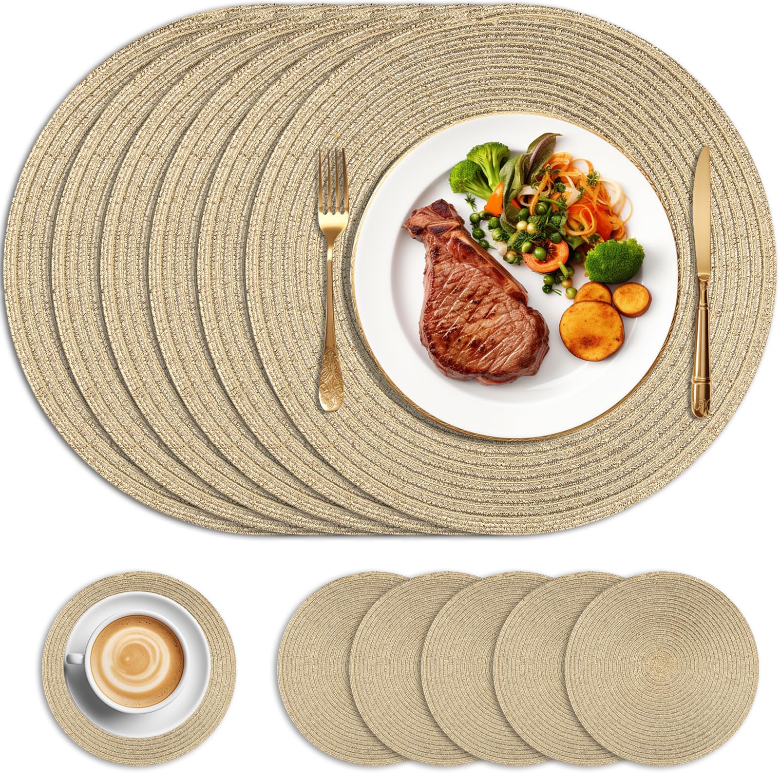HEYOMART Round Placemats and Coasters Set of 6, Christmas Table Mats Glitter Bling Heat Resistant