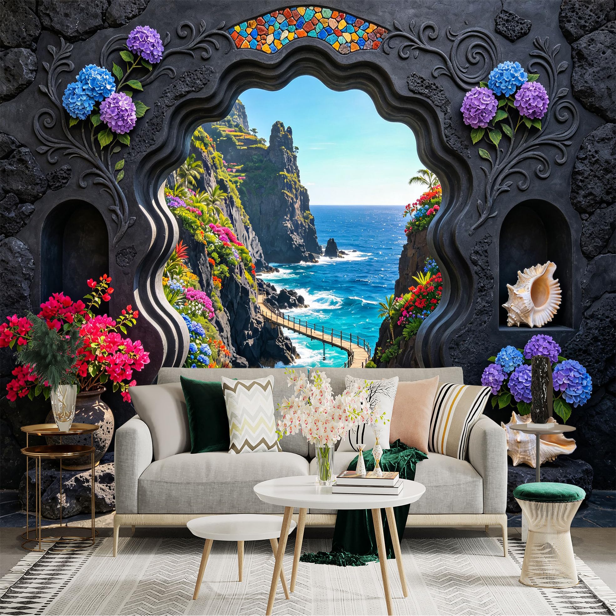 Custom Size Wall Sticker Mural， Coastal Cliff Path， Ocean View， Tropical Flowers， Stone Archway， for wall Decoration， peelandstick wall Decals.