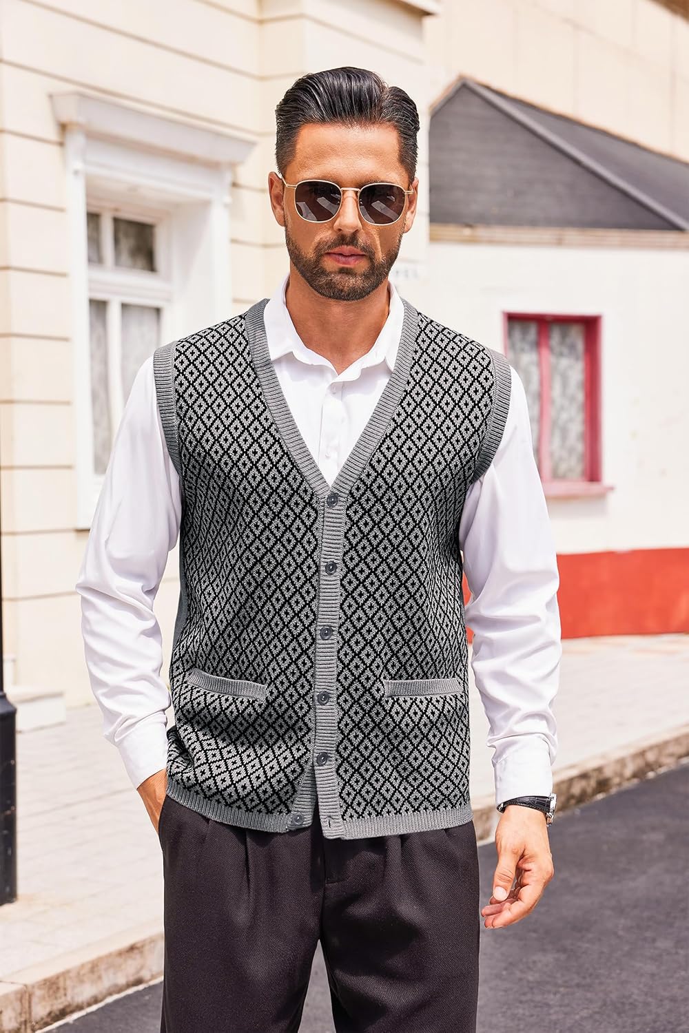 Runcati Mens Sleeveless Sweater Vest V Neck Button Down Cardigan Sweaters Knitted Argyle Vest with Pocket - Image 2