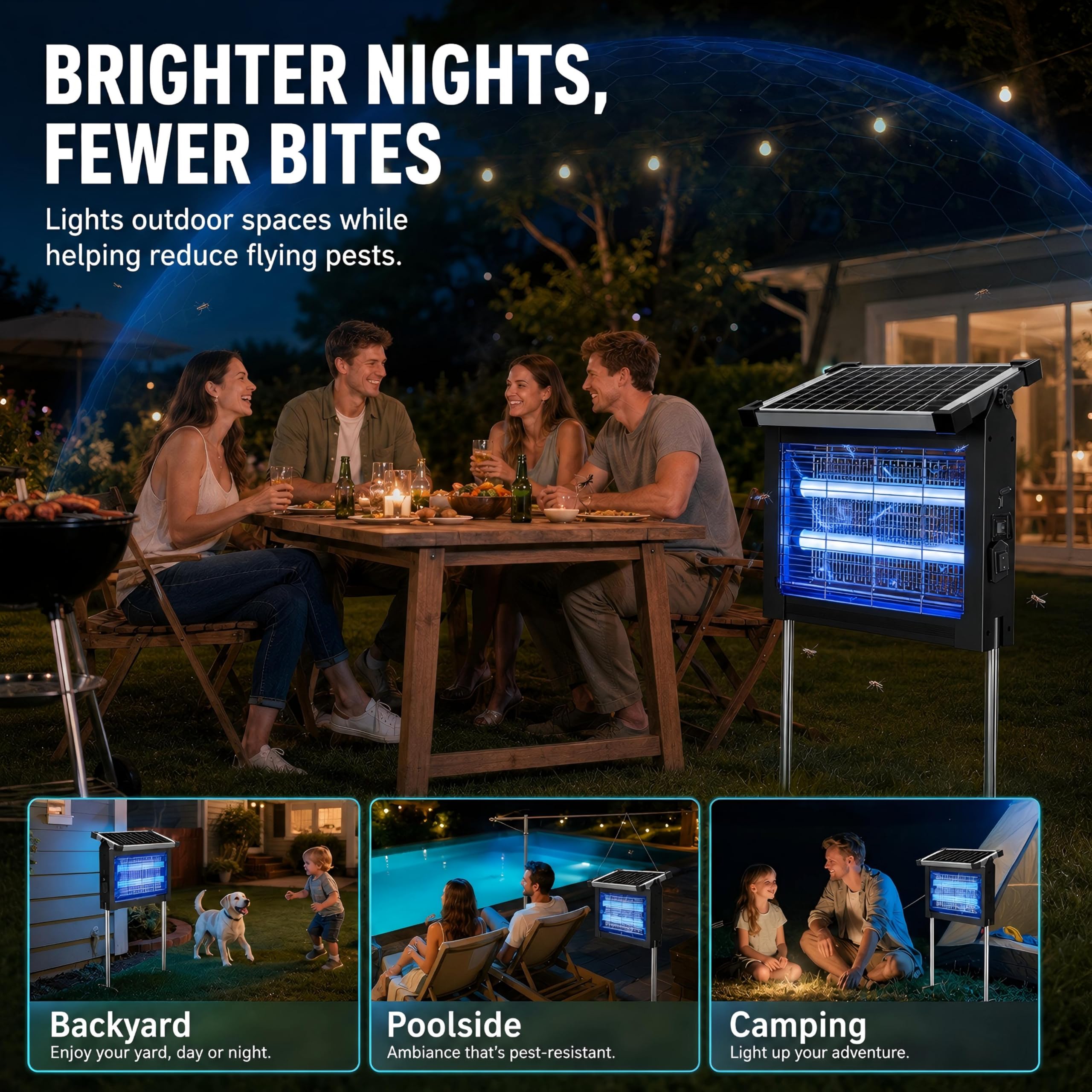 Matamoscas solar para exteriores, 4500 V, matamoscas para exteriores, con panel solar ajustable de 10 W, impermeable, recargable, portátil, trampa eléctrica para moscas para patio, jardín, patio
