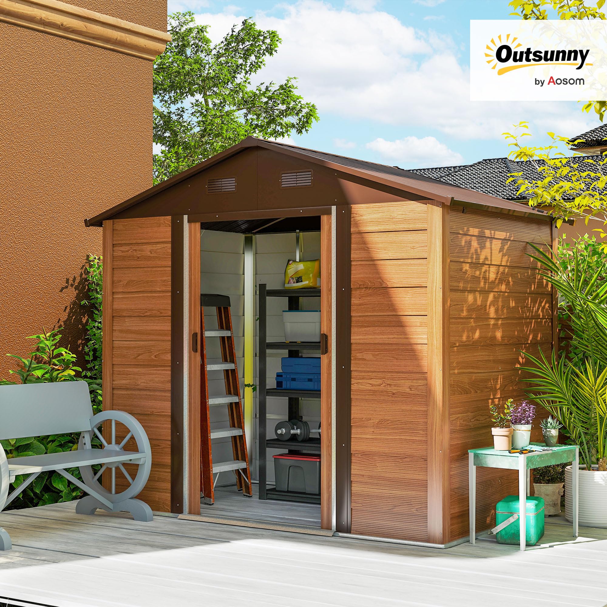 Outsunny Casetta da Giardino 4.07m² Acciaio Zincato con Porta Attrezzi Tetto Inclinato Doppie Porte Scorrevoli Bloccabili Marrone