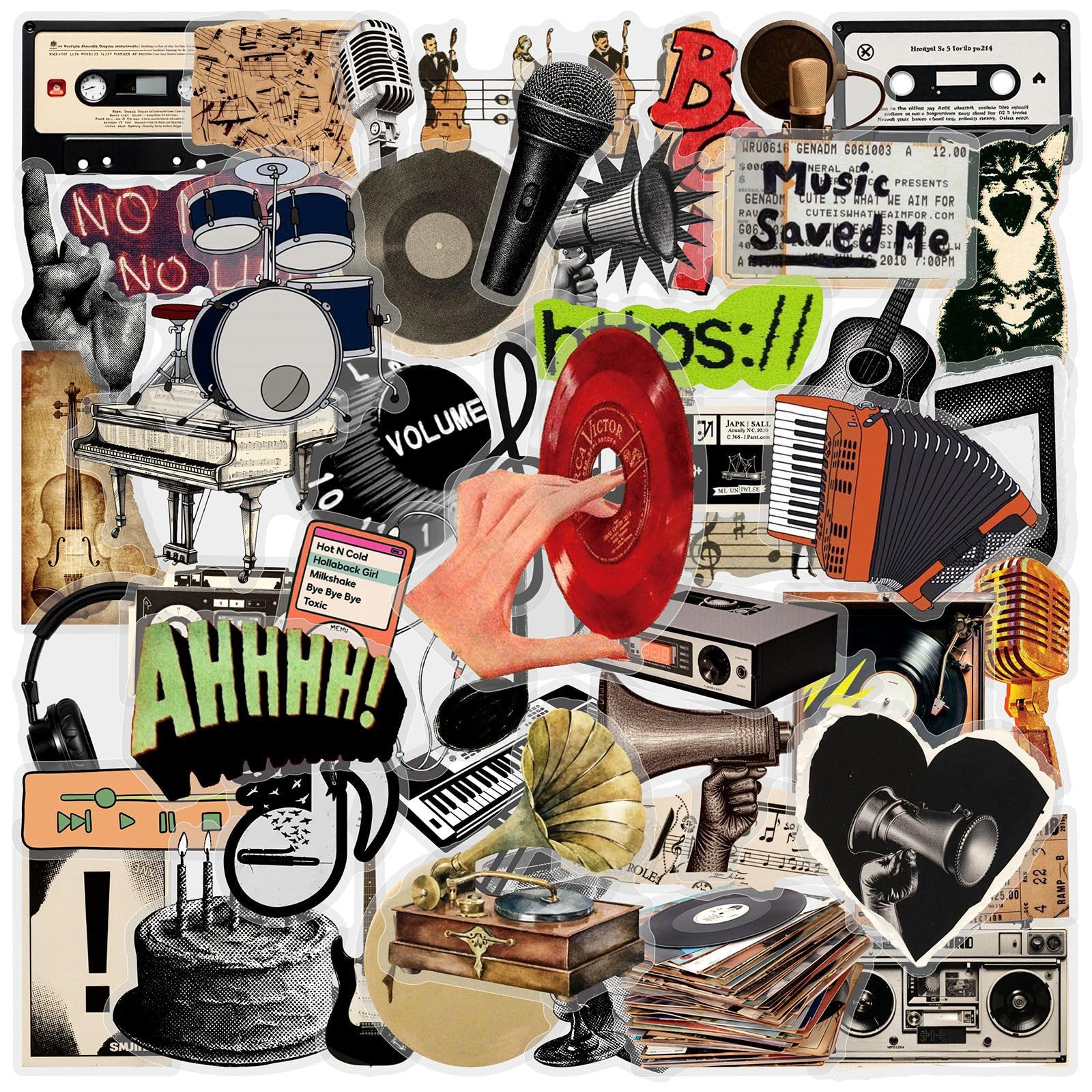 50 Pcs Vintage Music Instrument Vinyl Decals Retro Stickers for Notebook