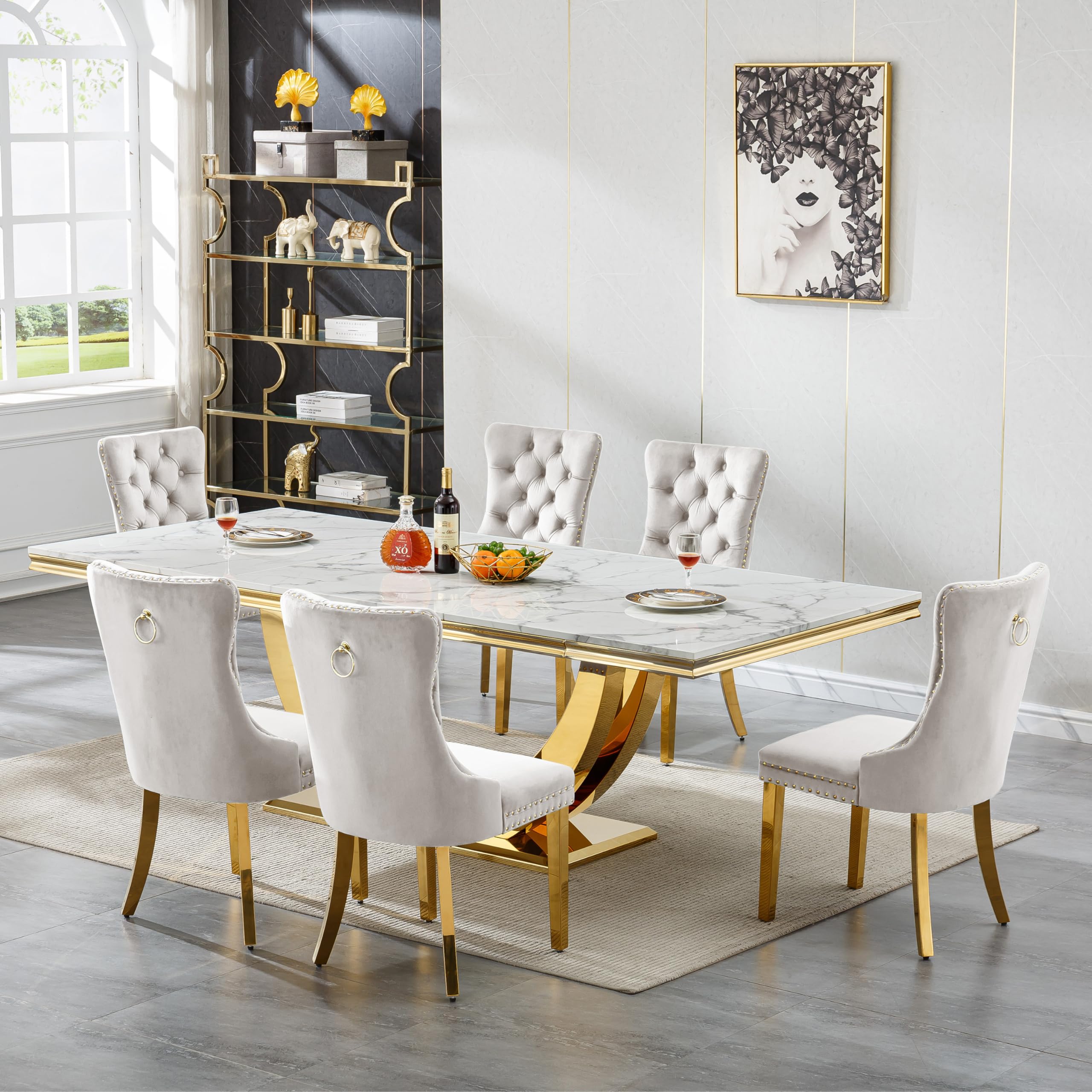 94.5" Large Marble Dining Table Set for 6, Luxury White Gold Kitchen Table with 6 Beige Velvet Dining Chairs, Modern Fuax Marble 7-Piece Dining Room Table Set for 6 w/Stainless Steel U-Base