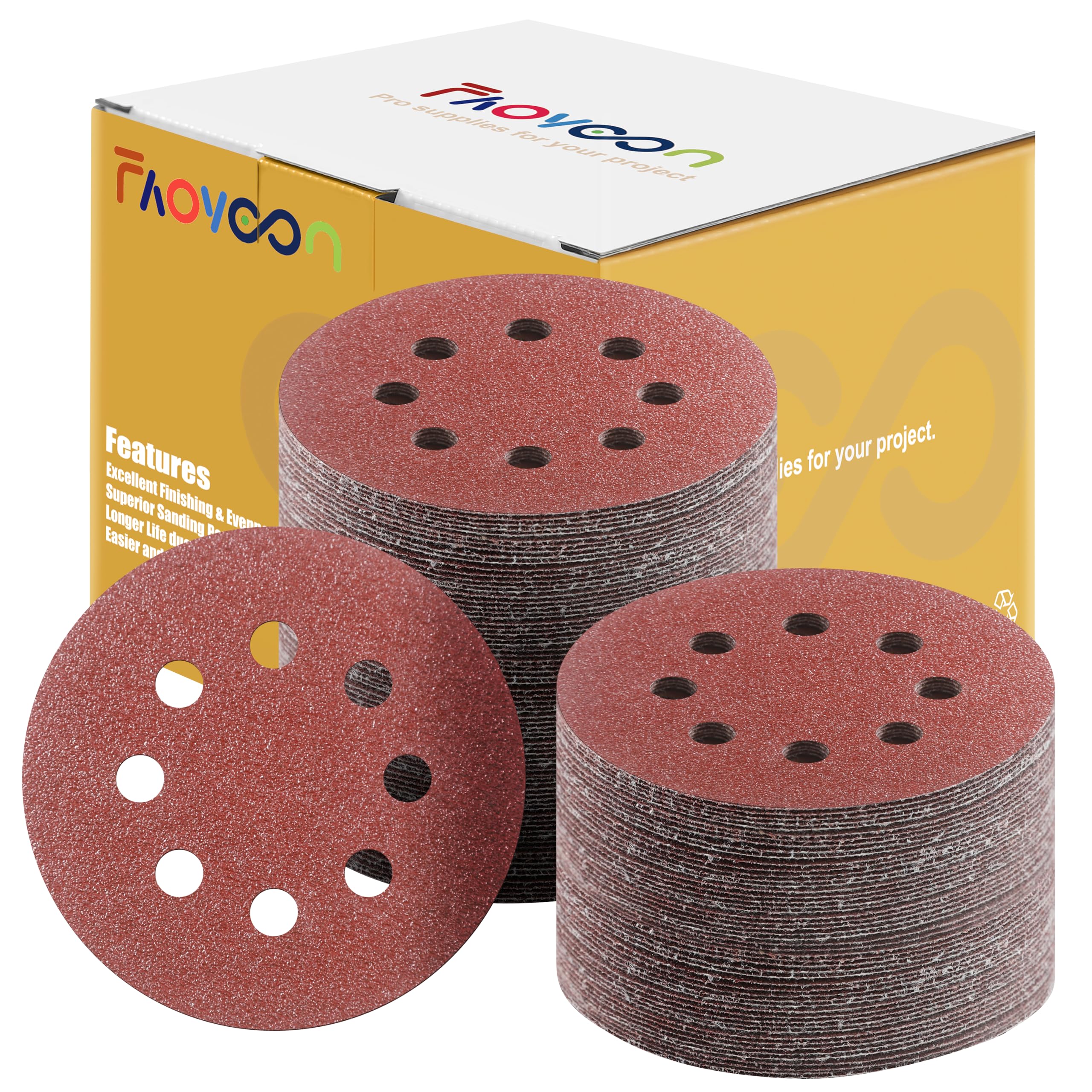 Sanding Disc 5 Inch 8 Hole, 100 Pcs Orbital Sanding Discs Hook and Loop, Sandpaper for Wood, 40 Grit Sand Paper for Random Orbital Sander