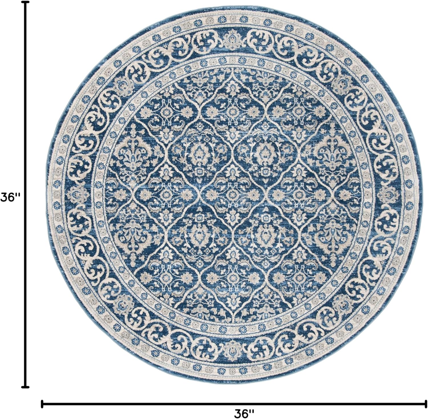 SAFAVIEH Brentwood Collection 3' Round Navy / Light Grey BNT870M Oriental Damask Trellis Non-Shedding Dining Room Entryway Foyer Living Room Bedroom Area Rug