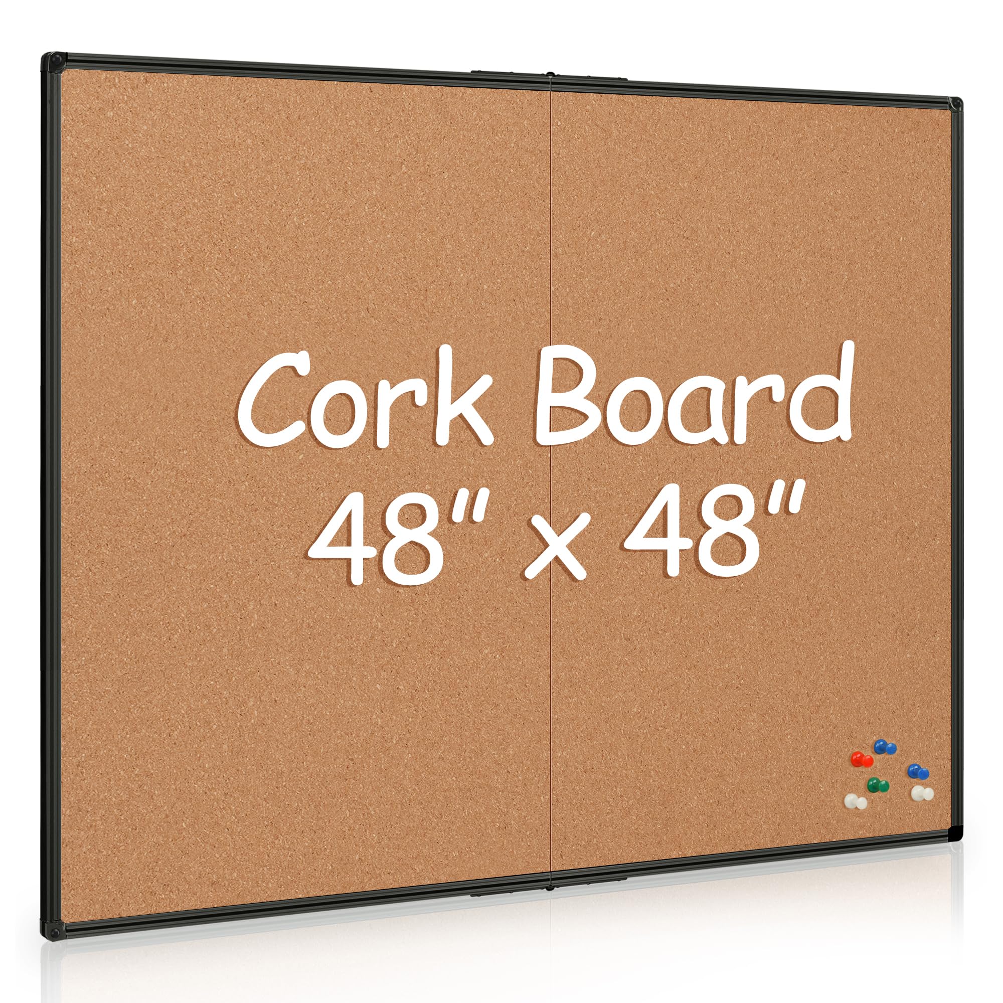 Board2by Extra Large Cork Bulletin Board 48" X 48", Foldable Notice Pin Board for Wall, Black Aluminum Framed 4'x4' Corkboard, Wall Mounted Noticeboard with 36 Push Pins for School, Home & Office