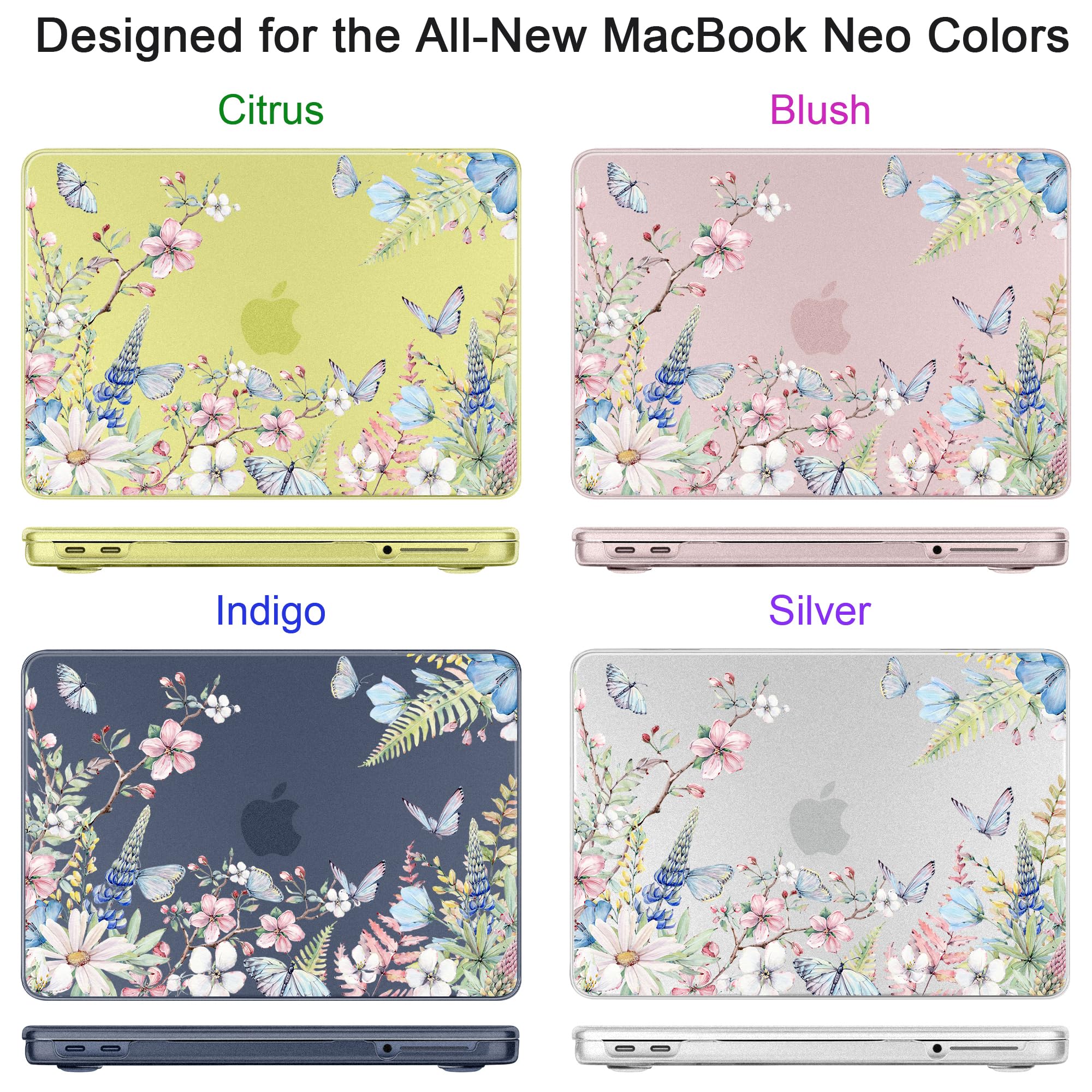 Batianda Funda para MacBook Neo de 13 pulgadas, modelo A3404, bonita carcasa rígida ultrafina floral con cubierta de teclado, protector de pantalla y adaptador USB, paquete de accesorios para laptop
