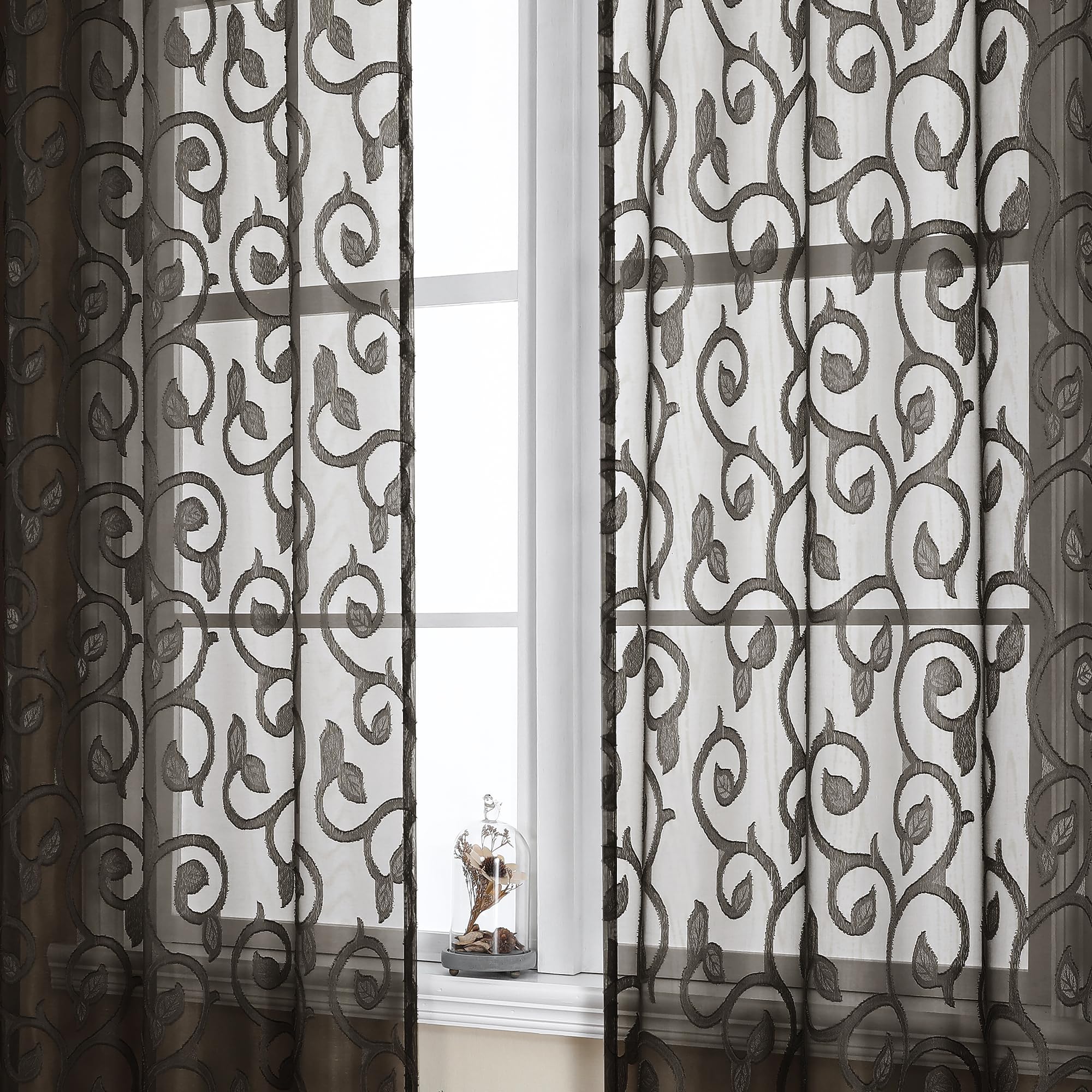 OWENIE Furman Chocolate Sheer Curtains 63 inch Length for Bedroom Living Room 2 Panels Set, Light Filtering Sheer Curtain with Elegant Clip Jacquard, Rod Pocket Window Treatments, 2 Pcs = 80" Width โ image 1