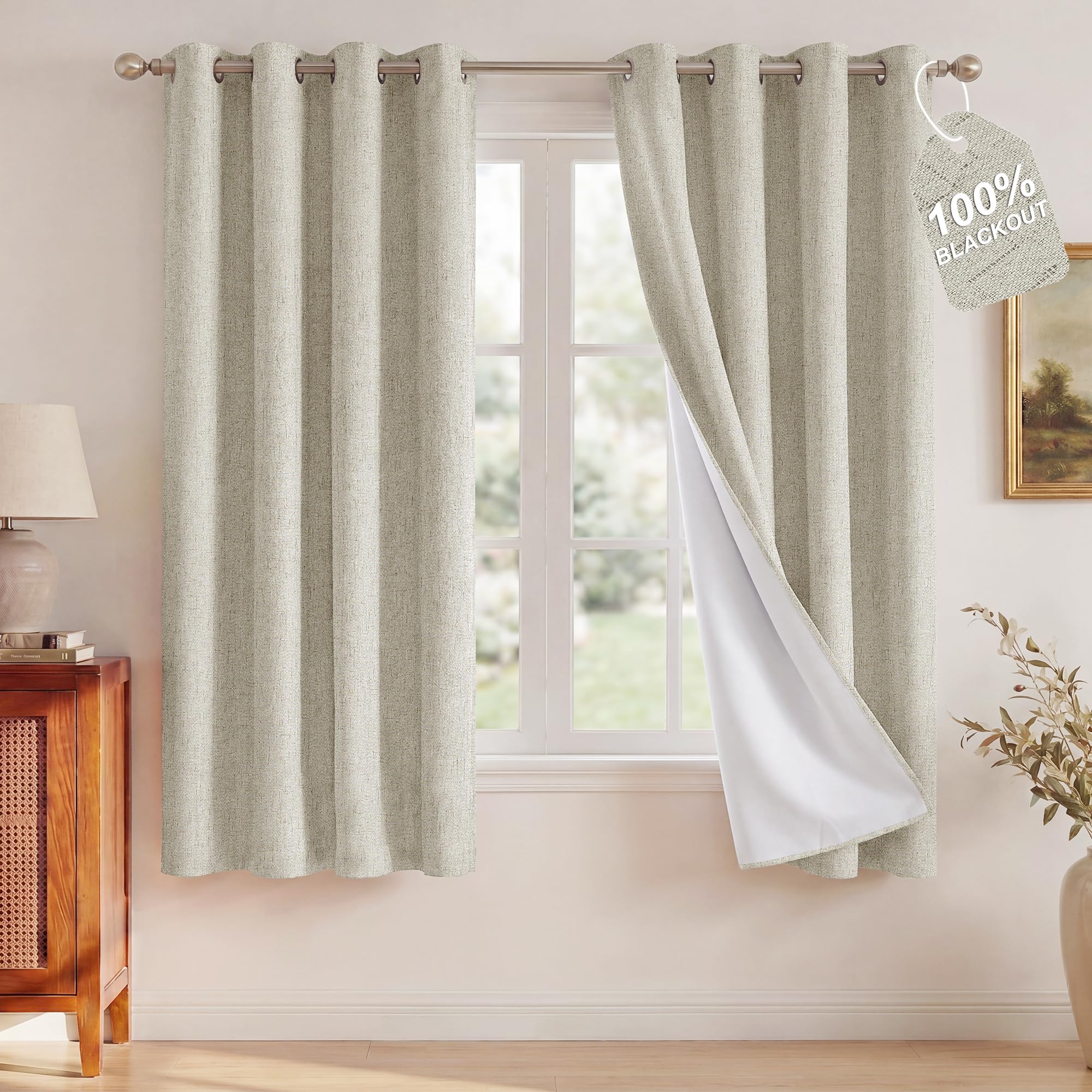 NICETOWN 100% Blackout Linen Ivory Curtains 72 inch Length, White Liner Composite Grommet Bedroom Window Treatments Relax Home Decor Thermal Drapes for Farmhouse, 2 Panels, W52 x L72