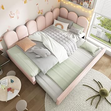 Upholstered Twin Daybed with Pull Out Bed Underneath, Twin Size Daybed with Pop Up Trundle, Day Bed with Soft Headboard & Metal Slatted Frame for Bedroom, Velvet Pink + with Pull-Out Bed