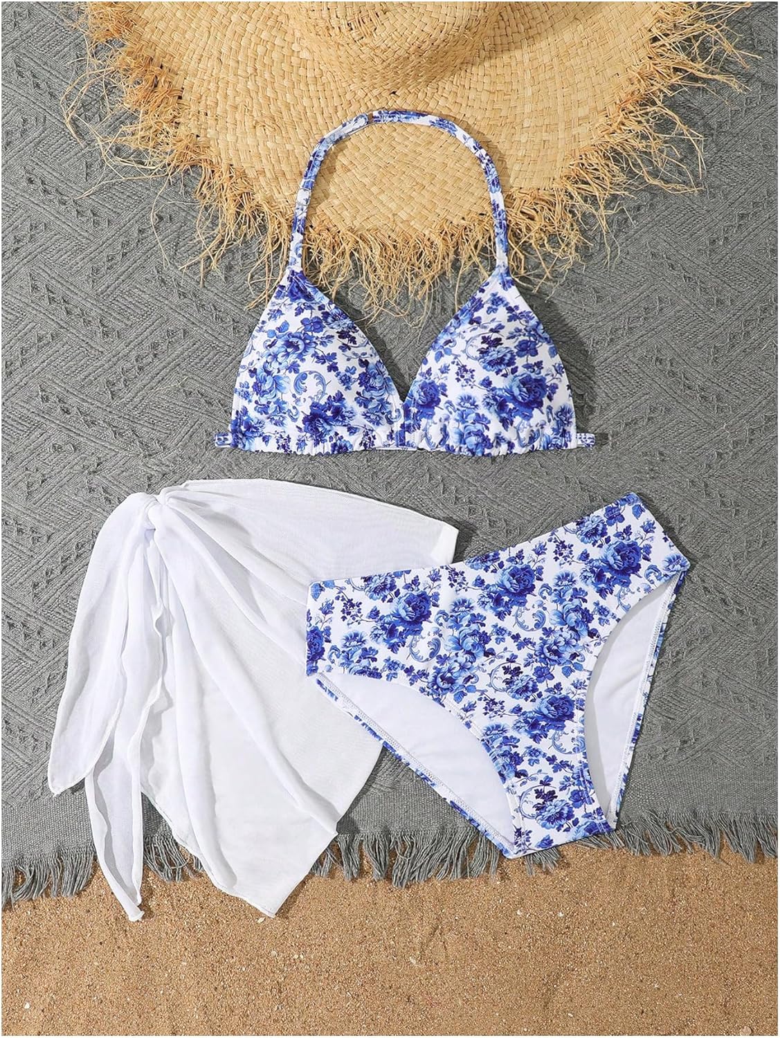 Girl's 3 Piece Floral Print Halter Triangle Bikini Set Cute Swimsuits with Cover Up Beach Skirt - Image 5