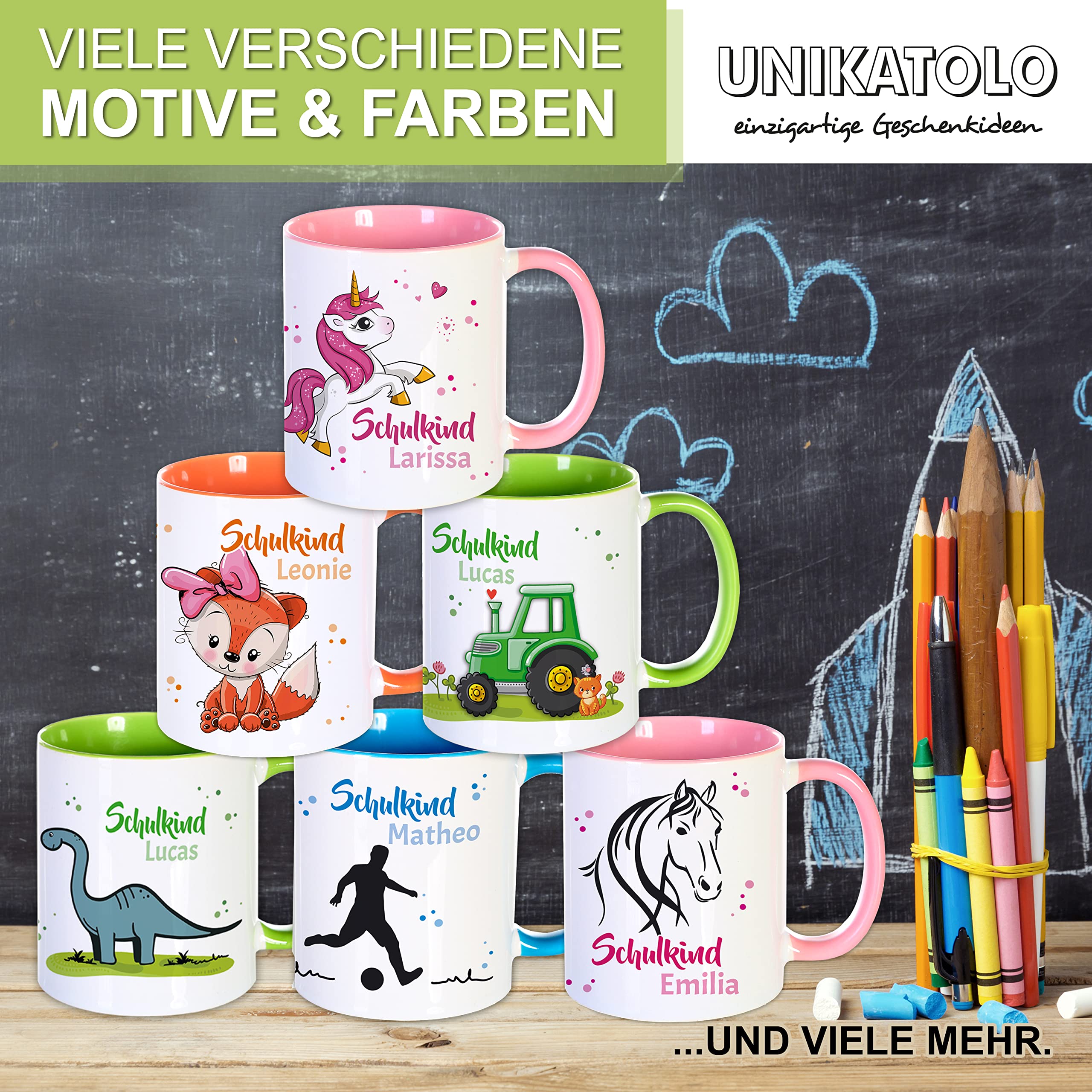 Tasse Schulkind mit Name personalisiert Geschenk Schulanfang Namenstasse Schulstart Kinder Schultüte Erste Klasse Mädchen Einschulung Zuckertüte Kleinigkeit Mitbringsel (Einhorn pink)
