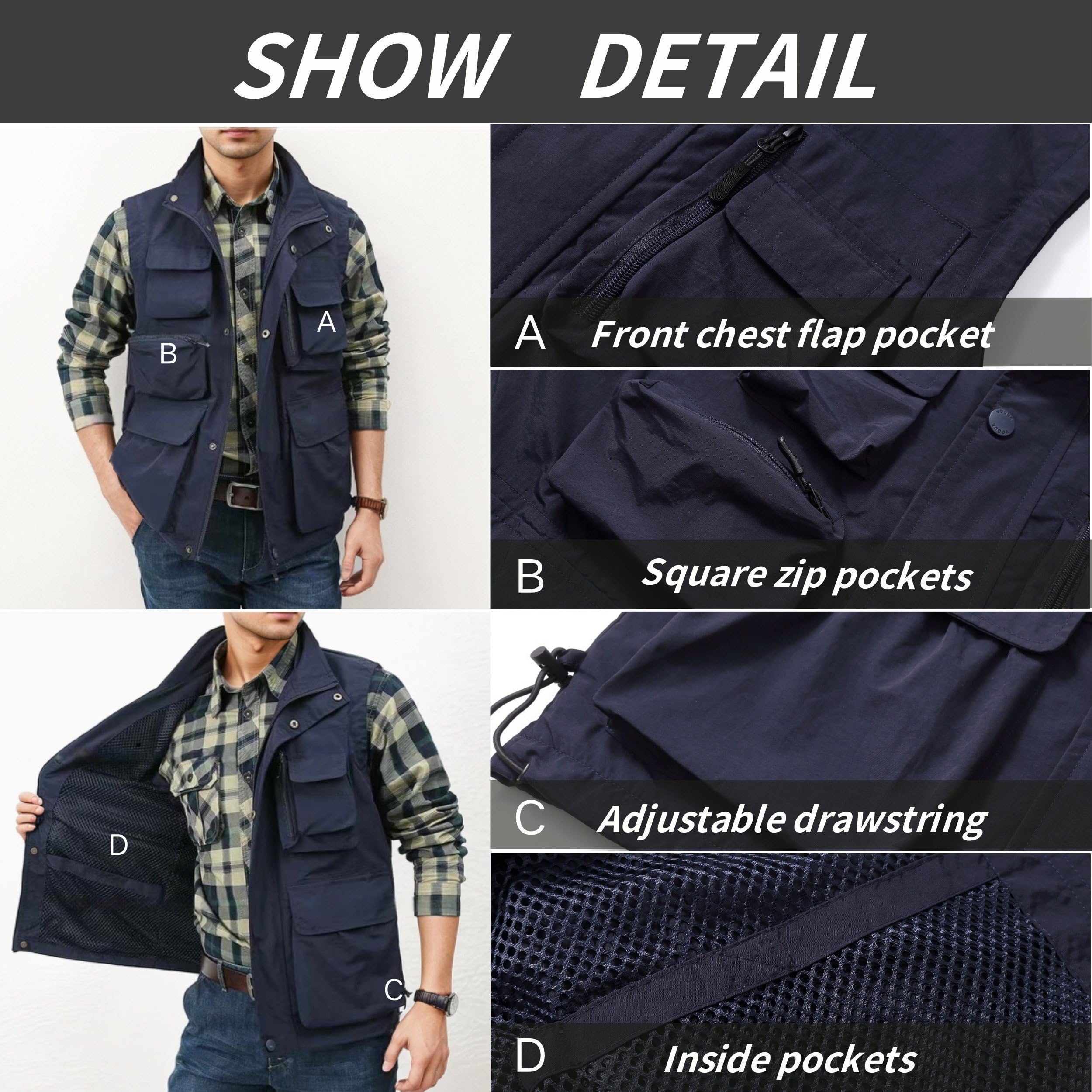 Hombres Al Aire Libre Chaleco con Multibolsillos Chaleco Malla Respirable de Pesca Casual secado rápido Acampa Fotografía Chaquetas sin mangas
