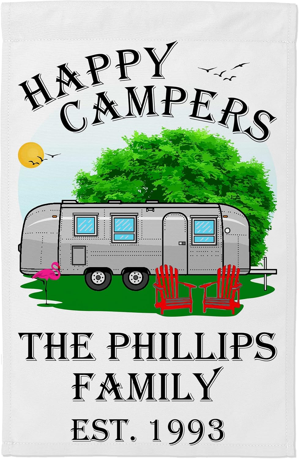 Personalized Airstream Motif Camping Flag, Happy Campers Plus 3 Additional Lines of Your Custom Text, Large Sized Trailer Printed on White Fabric