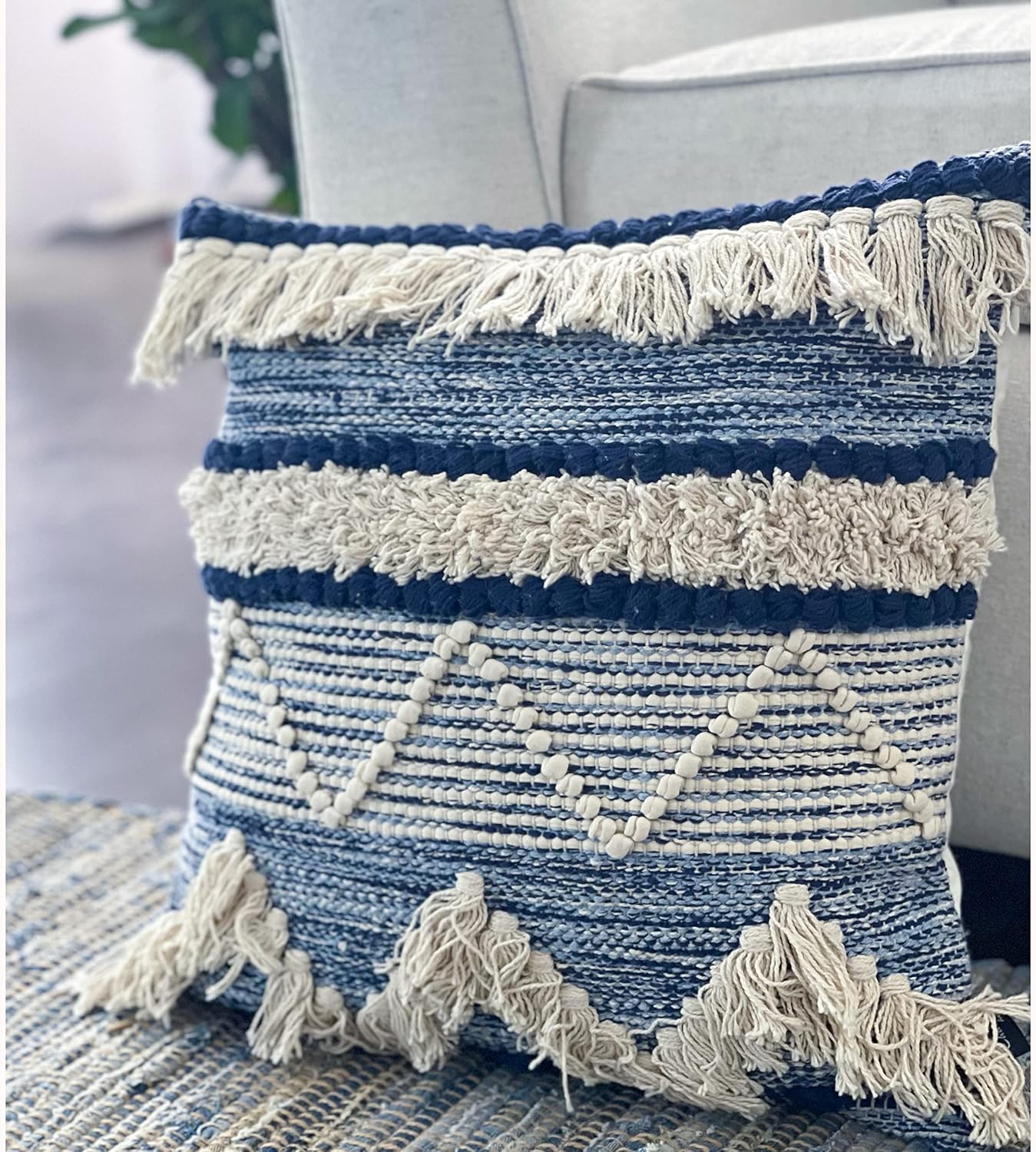Chardin home Montego Farmhouse Decorative Throw Pillow Covers (Set of 2). Boho Soft Warm Cotton Woven Square Pillow Cover 18x18 for Couch Sofa Bedroom, Blue/Off-White