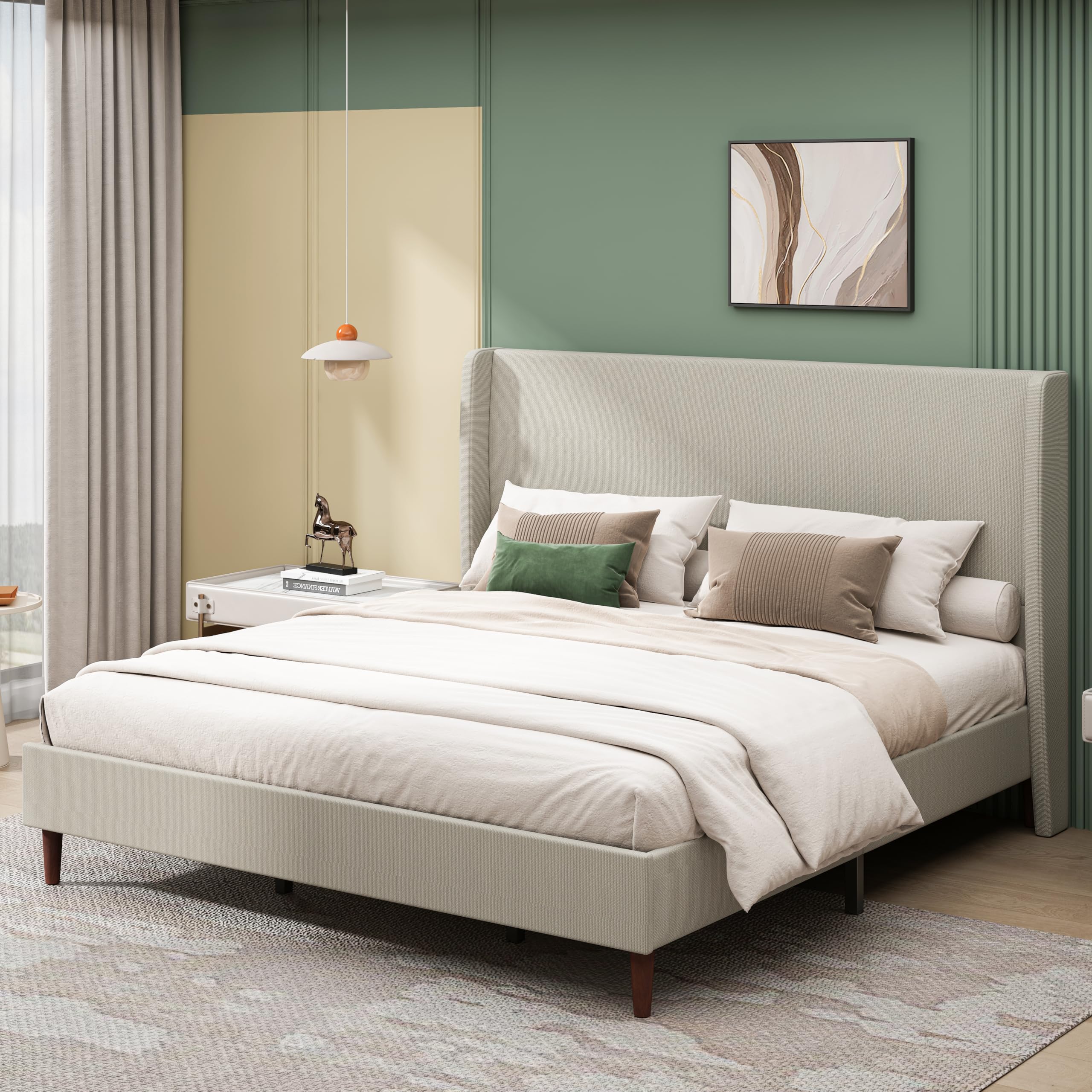 Ball & Cast King Size Bed Frame,Linen Upholstered Platform Bed with Wingback Headboard & Wood Legs, Wooden Slats Support,No Box Spring Needed,Easy