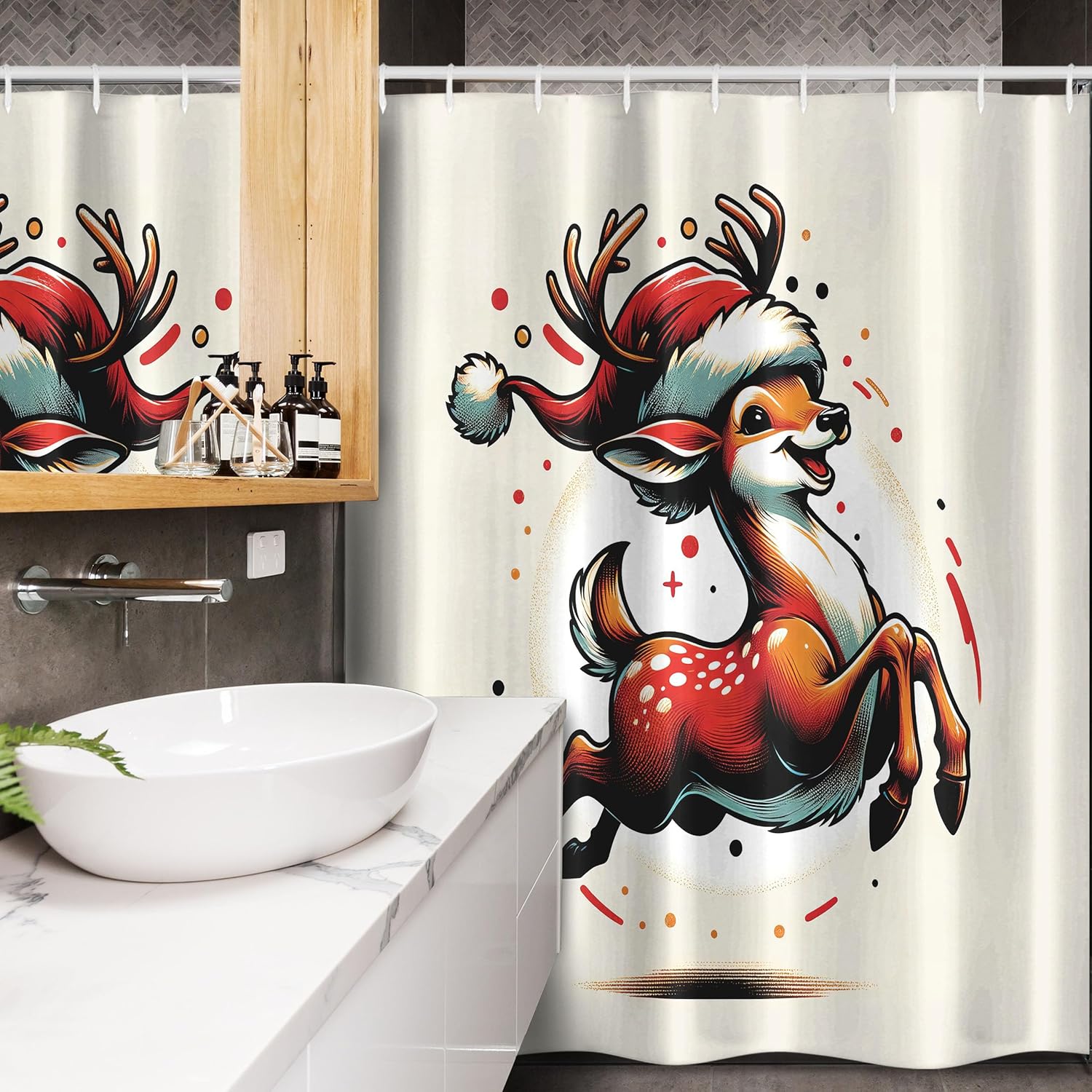 Ambesonne Christmas Stall Shower Curtain, Happy Santa Deer in Retro Style Vintage Xmas Animal Character, Fabric Bathroom Decor Set with Hooks, 54" W x 78" L, Orange Vermilion and Ivory