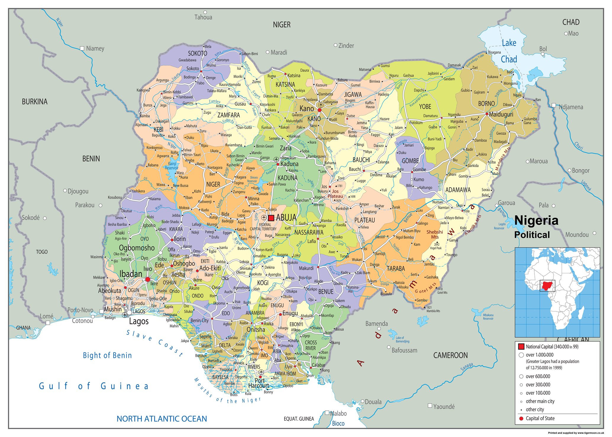 Political Map of Nigeria - Size A1-59.4 x 84.1cm - Paper Laminated