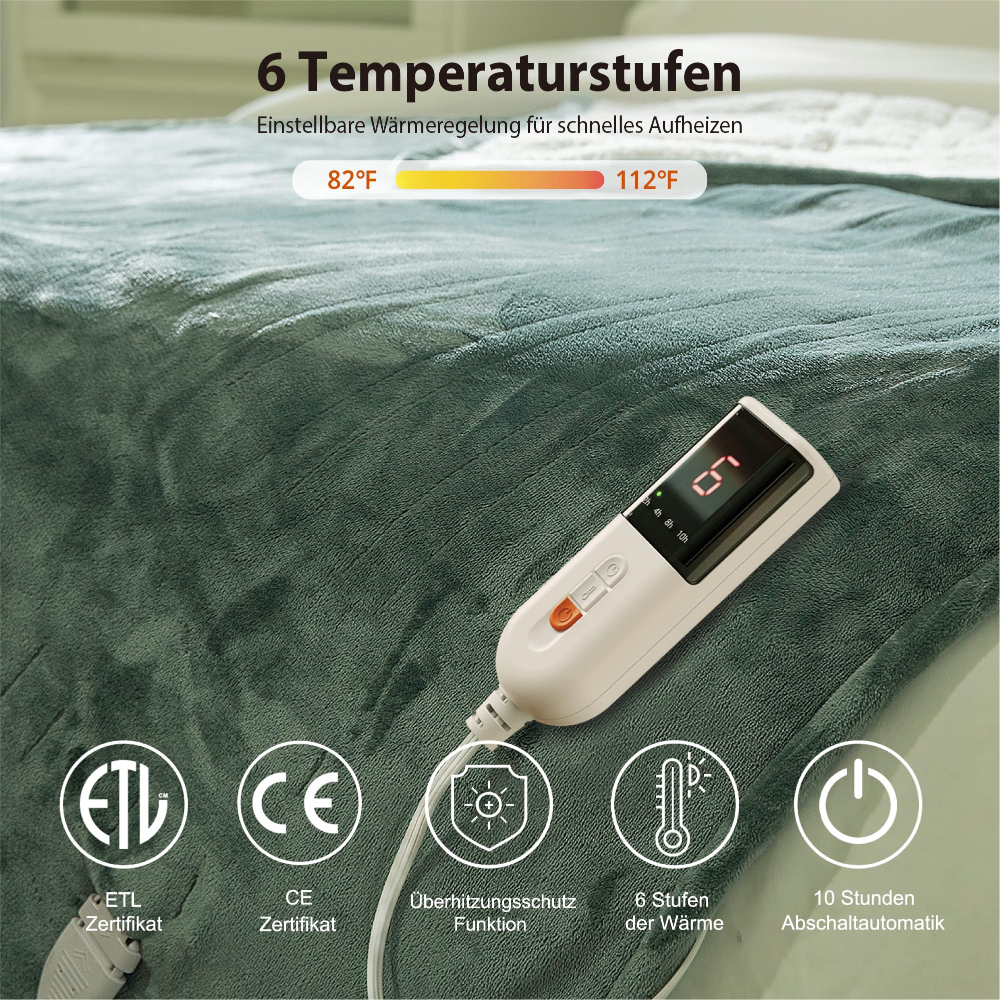 GOTCOZY Coperta Elettrica Termica 130x180cm - Coperta Riscaldante Elettrica Morbida con 6 Livelli di Temperatura Timer di Spegnimento Automatico 10 ore Risparmio Energetico(Verde)