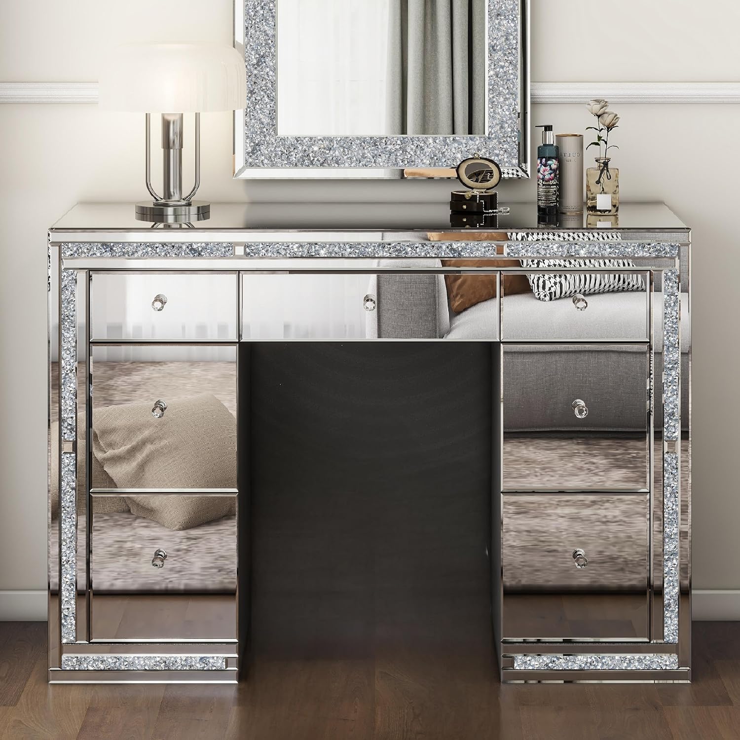 Mirrored Vanity Table 7-Drawer Makeup Desk with Trinidad and