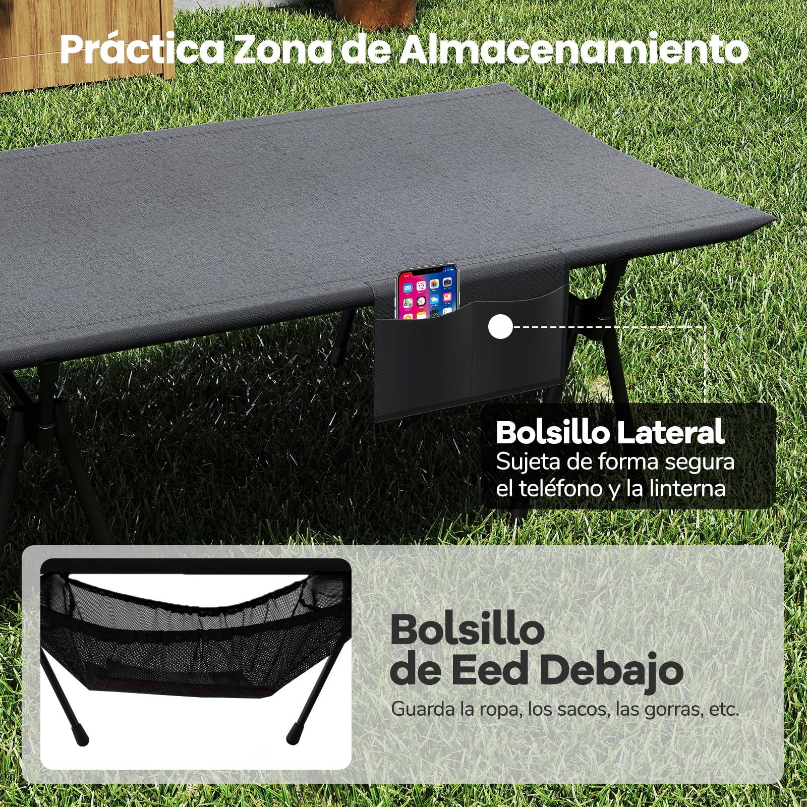 COSTWAY Cama Plegable Camping, Altura Ajustable, Catre Plegable Camping Portátil, Bolsillo Lateral y de Malla, Bolsa de Transporte, Campismo Playa Senderismo Oficina, 193 x 70cm, Carga 150kg