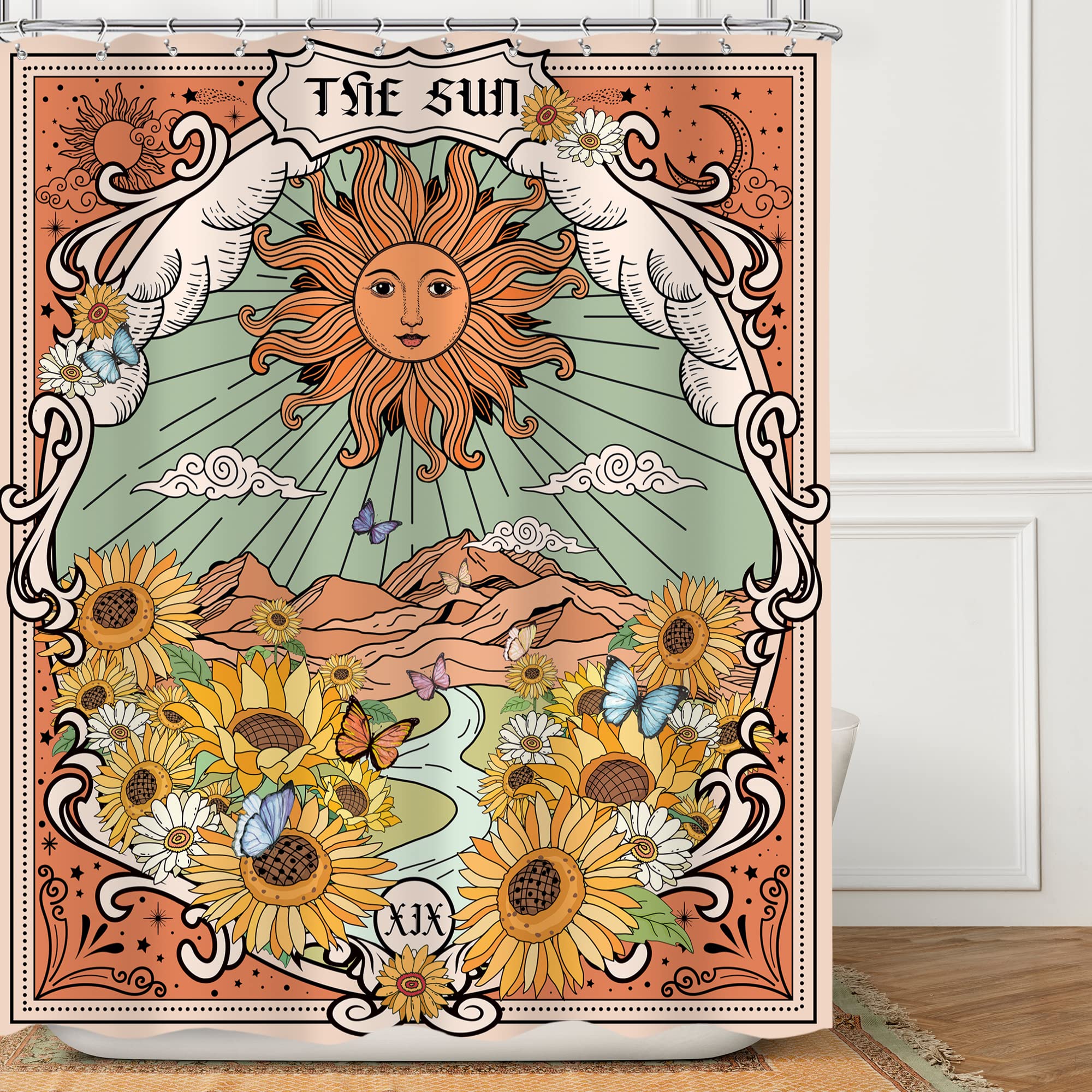 Omifly Tarot Boho Sunflower Retro Sun Shower Curtain 72Wx72H Inch Vintage Bohemian Moon Aesthetic Butterfly Mountain Flower Green with 12 Plastic Hooks Fabric Waterproof Toilet Decor OMI-HQYKHW-68917