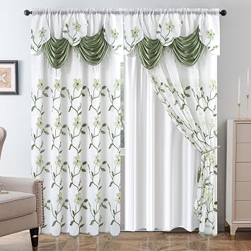 Petrichor Embroidered Sheer Curtain 2 Panels Set - Luxury Window Curtain Attached Valance with Satin Backing and 2 Tie Backs for Living Room,Dining Room, 54x84 inches, Sage Green