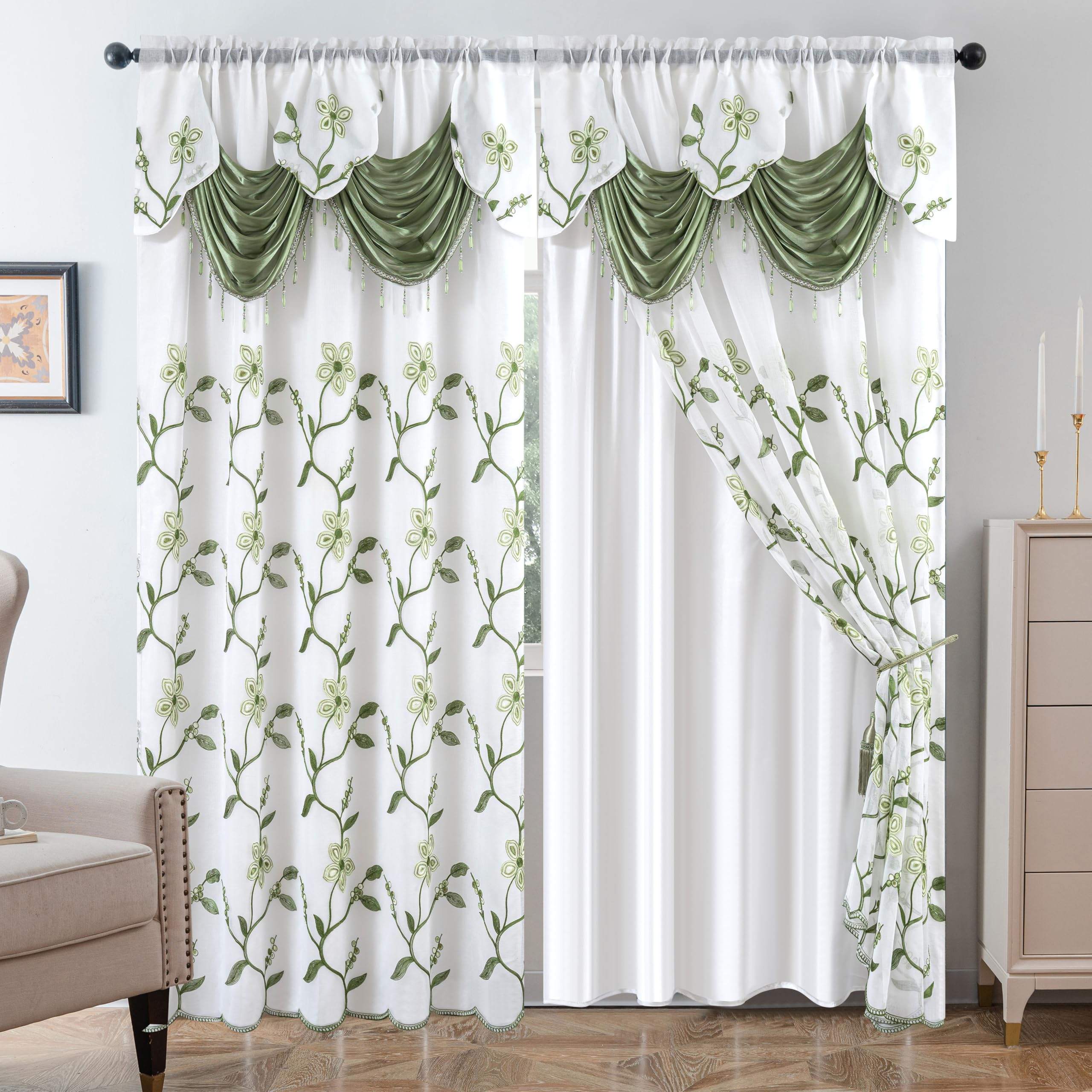 Petrichor Embroidered Sheer Curtain 2 Panels Set - Luxury Window Curtain Attached Valance with Satin Backing and 2 Tie Backs for Living Room,Dining Room, 54x95 inches, Sage Green