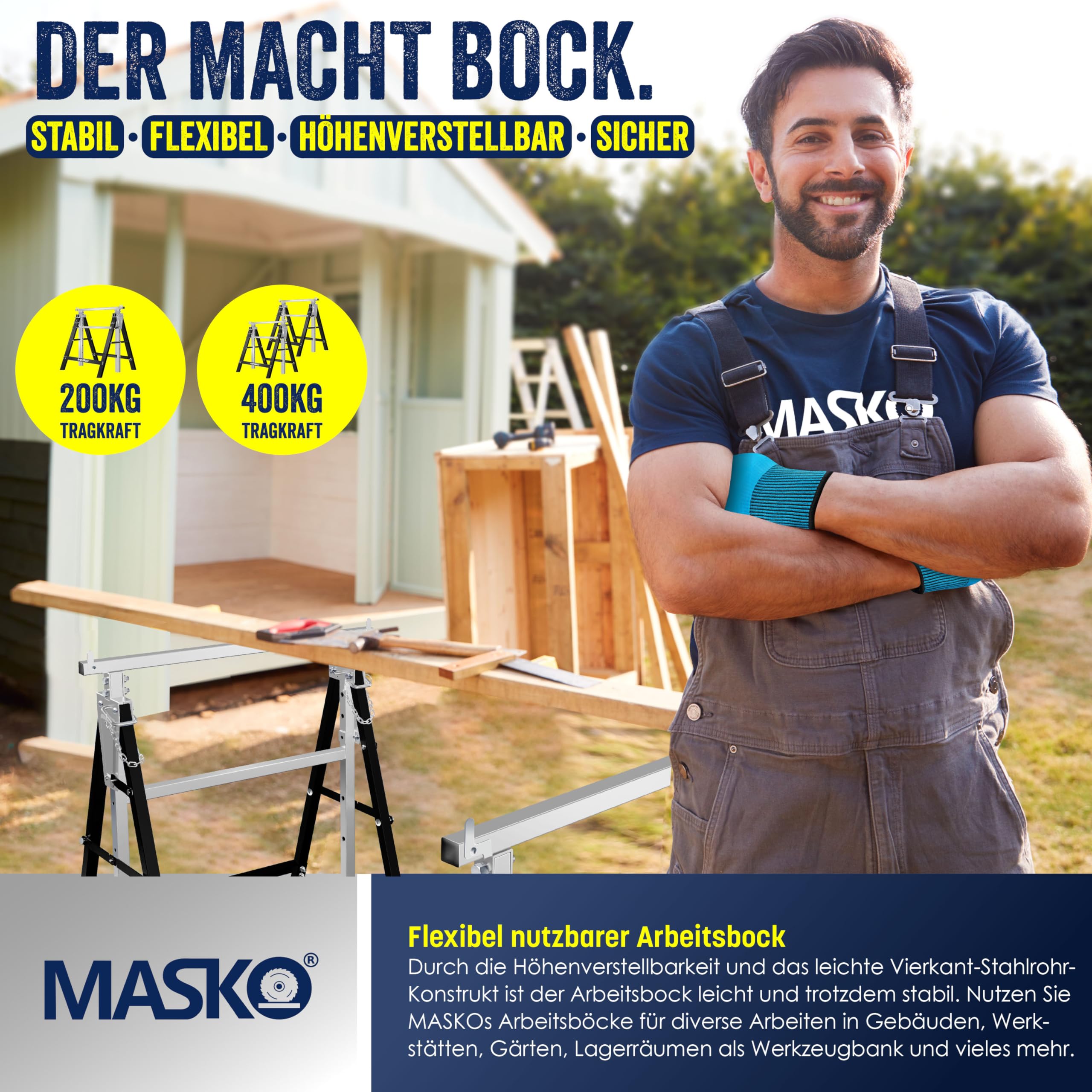 MASKO® Caballete de trabajo Telescópico, Capacidad de Carga máx. 200 kg, Caballete de Andamio, Regulable en Altura - Altura de trabajo 800-1300 mm, incl. Guantes, Juego de 4 - Plata/Negro