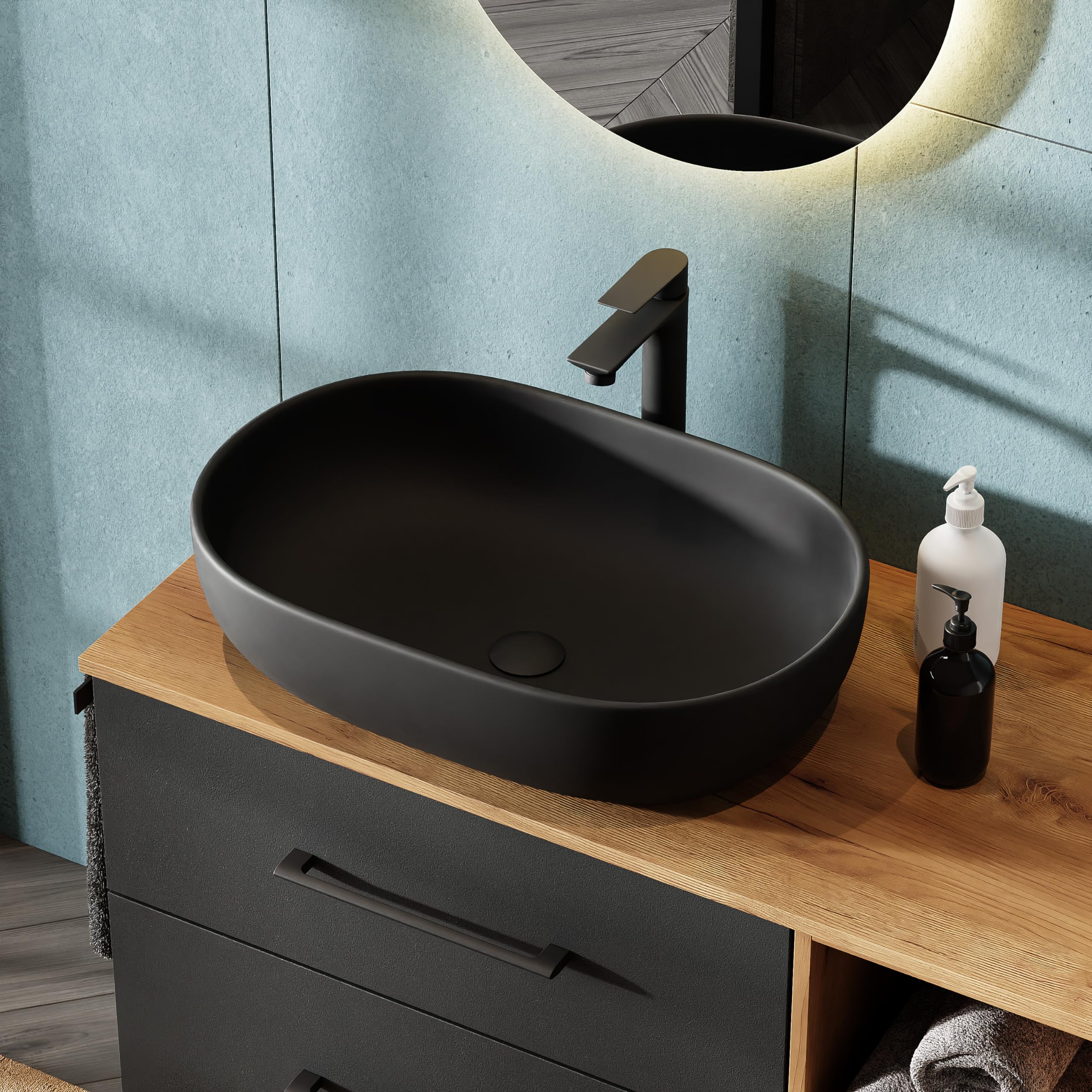 Planetmöbel LUX Badmöbel Waschtischunterschrank 120 cm hängend ohne Aufsatz-Waschbecken, Waschtisch Gold Eiche/Anthrazit