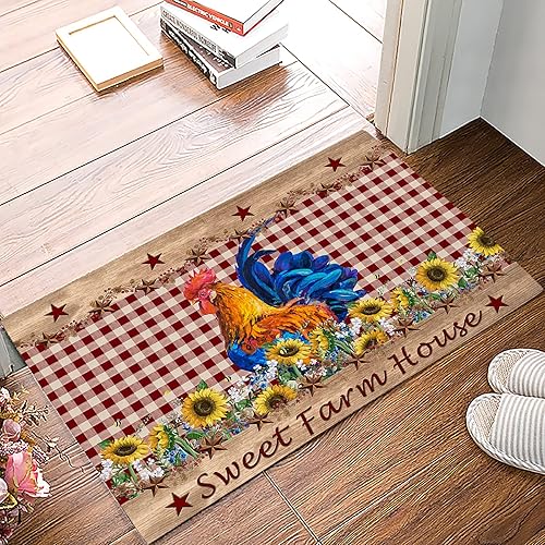 Sweet Farm House - Tapete de baño con diseño a cuadros de animales de campo, diseño de gallo rojo, antideslizante, tapete absorbente para decoración