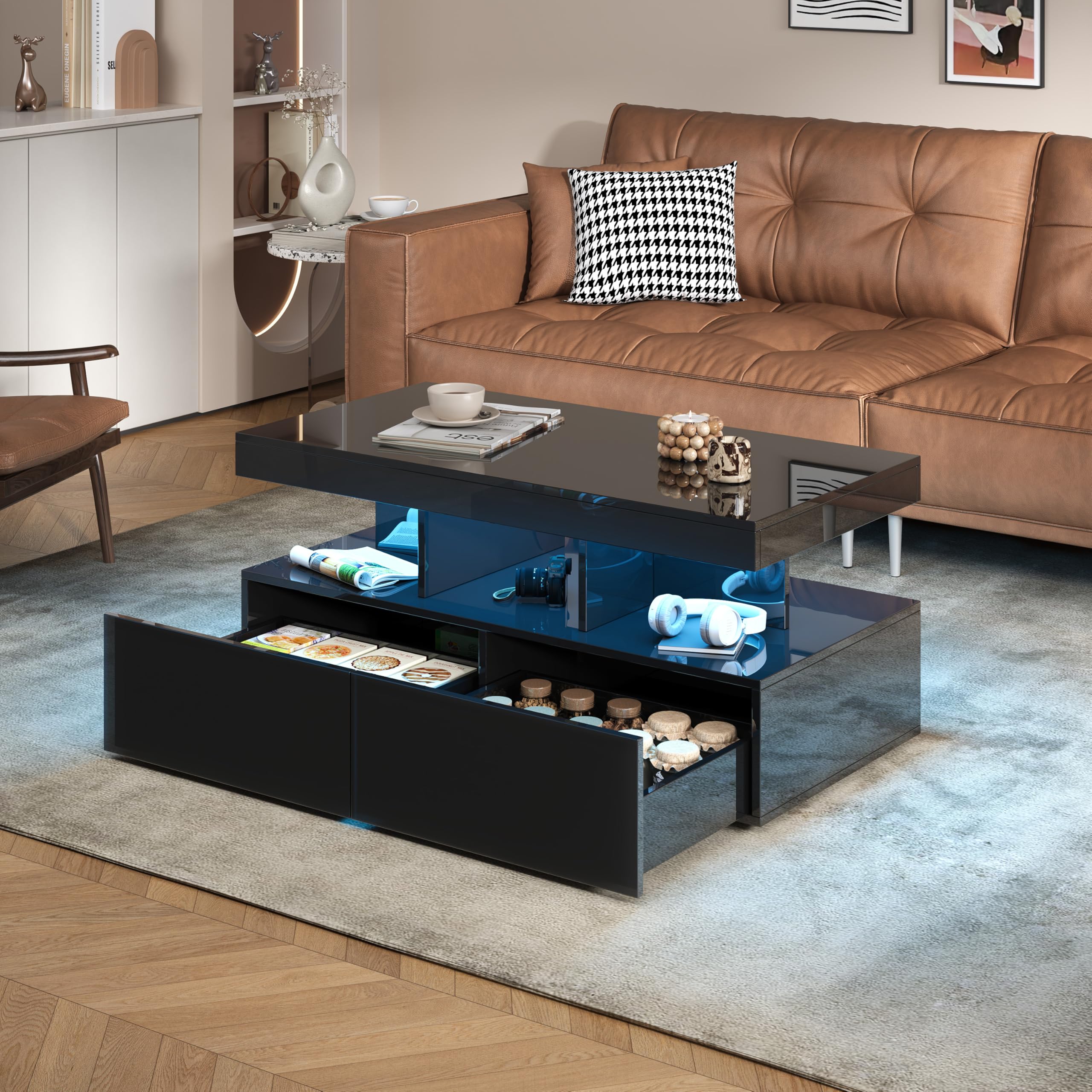 Couchtisch WeiB Hochglanz, Schwebe Couchtischschwarz, Couchtisch Glas mit LED, Wohnzimmertische mit offenem Regal und 2 Schubladen, 104 x 53 x 46cm (Schwarz Doppelschubladen)