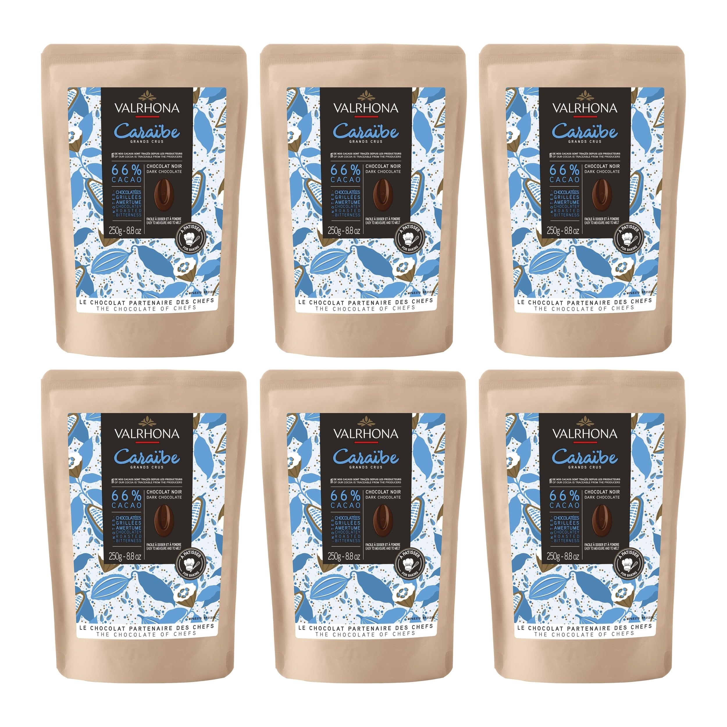 Valrhona Dunkle Backschokolade Caraïbe 66% Cacao Frankreich inkl. FeinWert E-Book (6 x 250g)