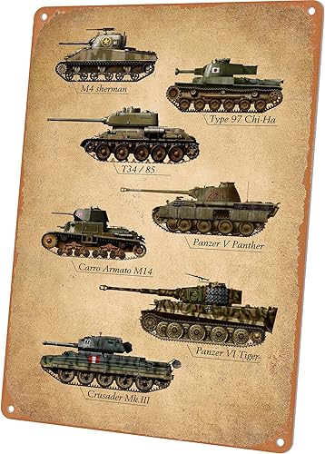 Wallors Decoración militar vintage ww2 tanques regalos geniales para hombres y niños, decoración de pared, letreros de metal de 8 x 12 pulgadas