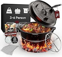 Dutch Oven Set 7 Litres [For 3-6 People] - Burnt Fire Pot without Feet, Includes Practical Lid Lifter, Stainless Steel Trivet, Ring Cleaner, Care Paste & Recipe Book