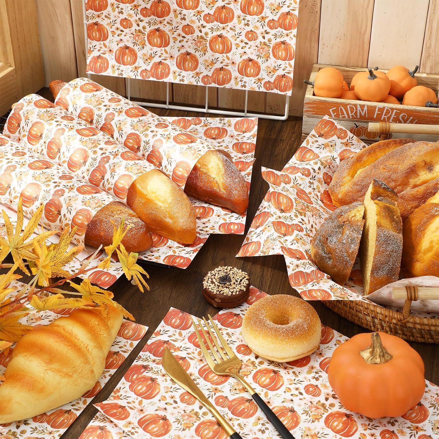 JarThenaAMCS 150 Pcs Fall Floral Pumpkin Wax Paper Orange Sandwich Wrap Paper Tissue Waterproof Oil-Proof Picnic Liners for Autumn Thanksgiving Party Kitchen Supplies, 9.8 x 8.3 In