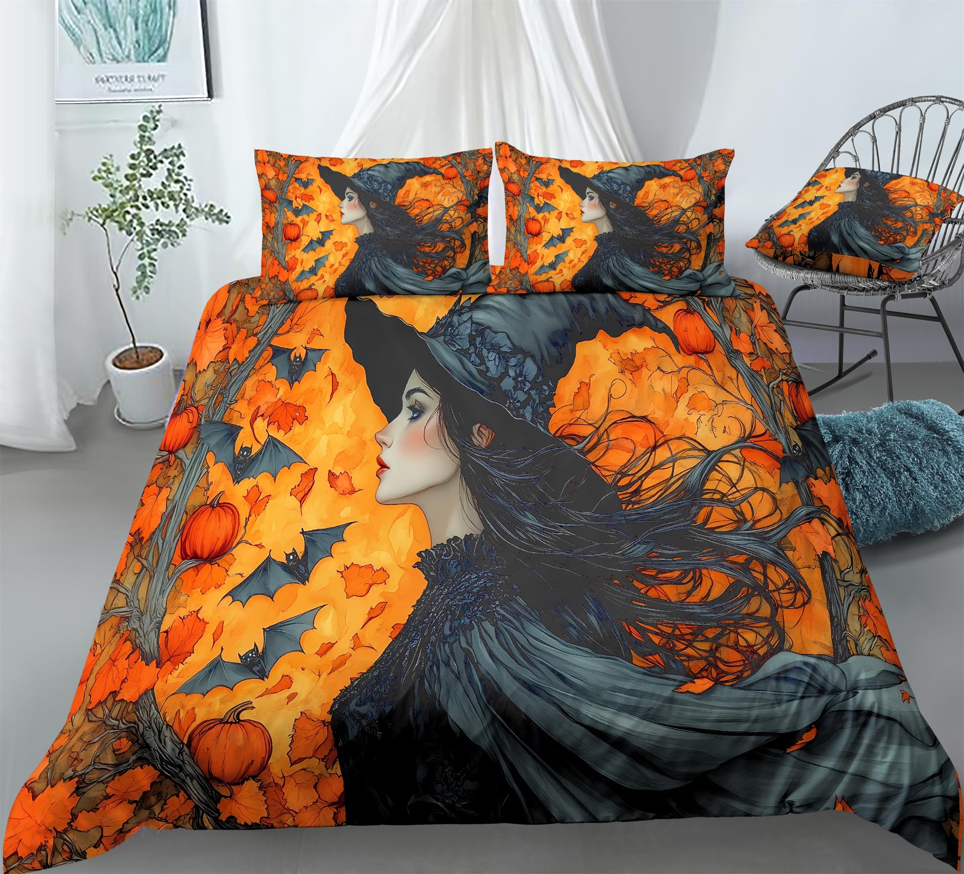 REALIN Witch Themed Magical Decor for Kids Duvet Cover Set Halloween Decor Bedding Girl Boy Kids Bed Sets 3/4PCS Quilt Covers/Sheets/Pillow Shams,Twin/Full/Queen/King (A,Twin-172x218cm-3PCS)