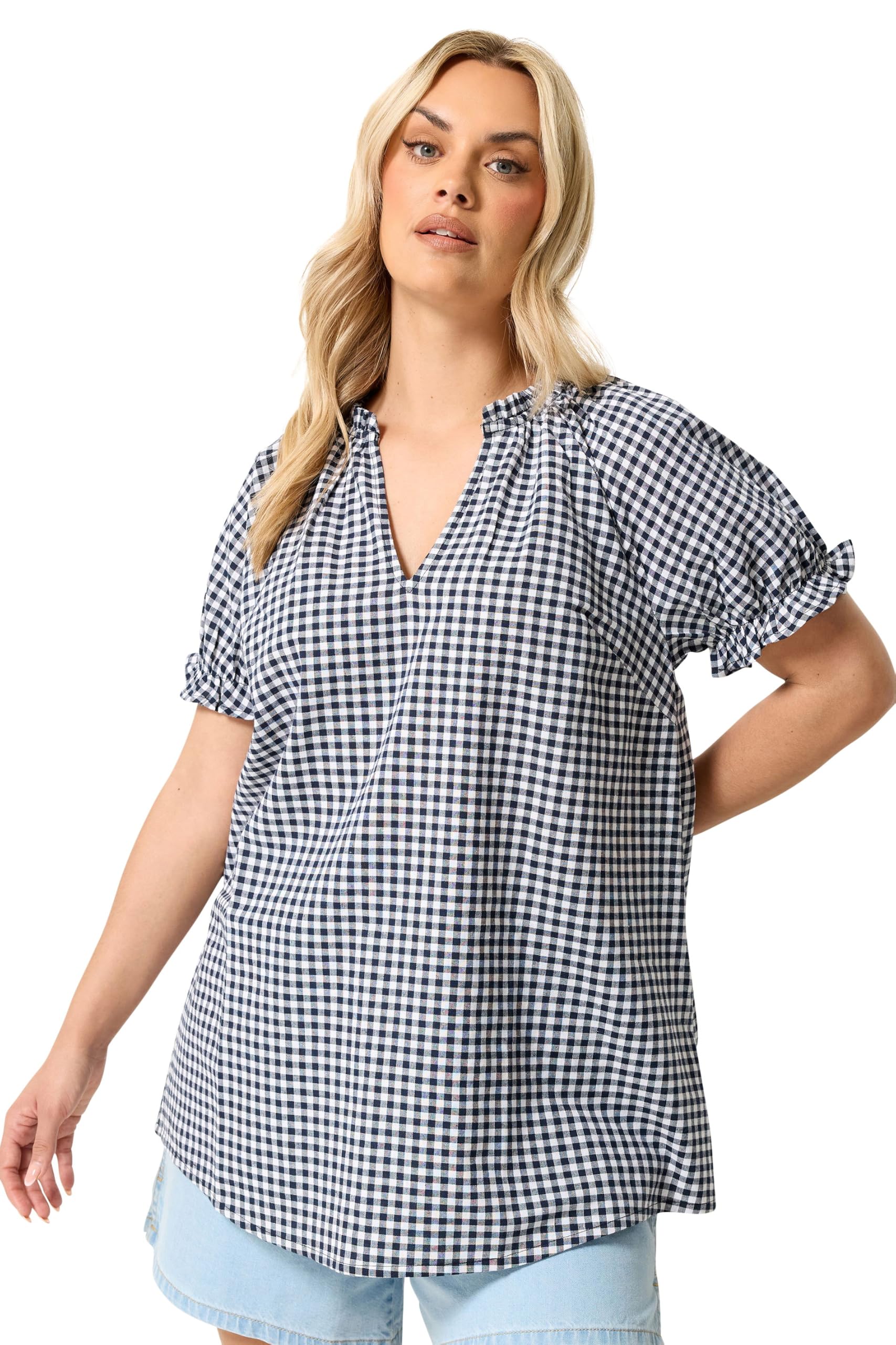 Yours Women's Mid Navy Gingham Puff Sleeve Blouse In | : 22/24