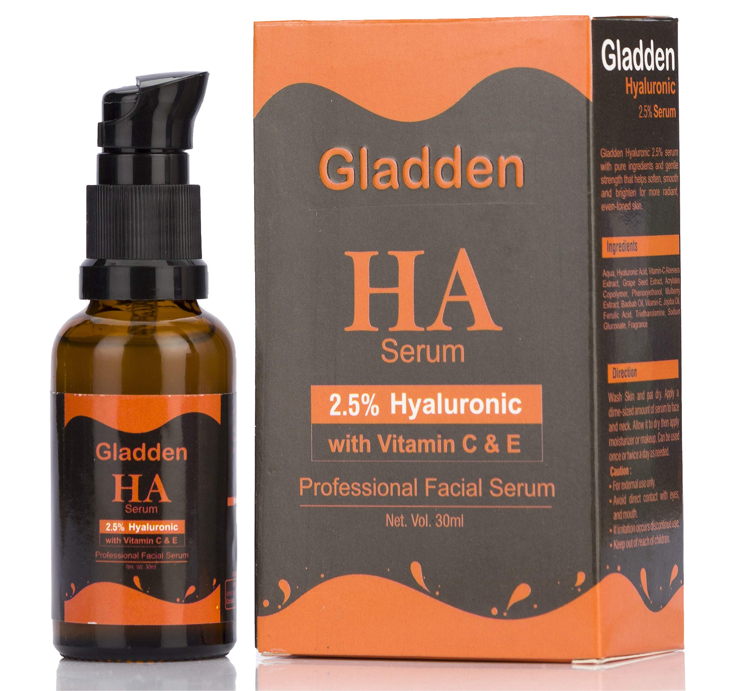 Gladden Superior Quality Hyaluronic Acid Serum for Skin with Vitamin C, E, Organic Jojoba Oil, Natural Aloe and MSM - Deeply Hydrates & Plumps Skin to Fill-in Fine Lines & Wrinkles - (1oz)