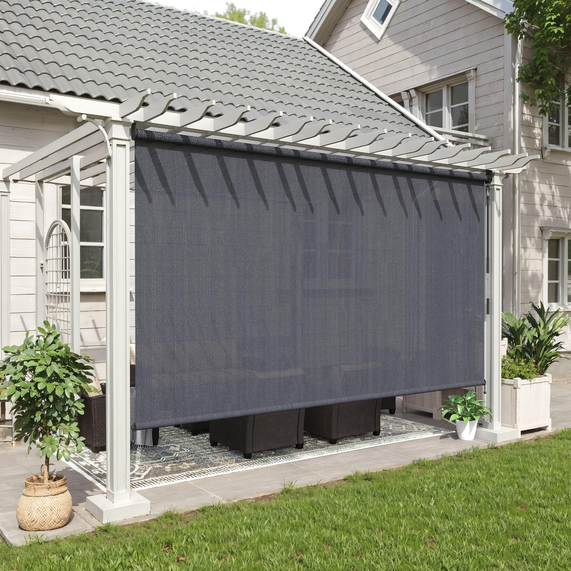 Custom Size 33" W×96" H Outdoor Cordless Roller Shade with Spliced Design, Exterior Roll up Blinds with 220 GSM HDPE Fabric for Patio, Yard, Deck and Porch, Grey