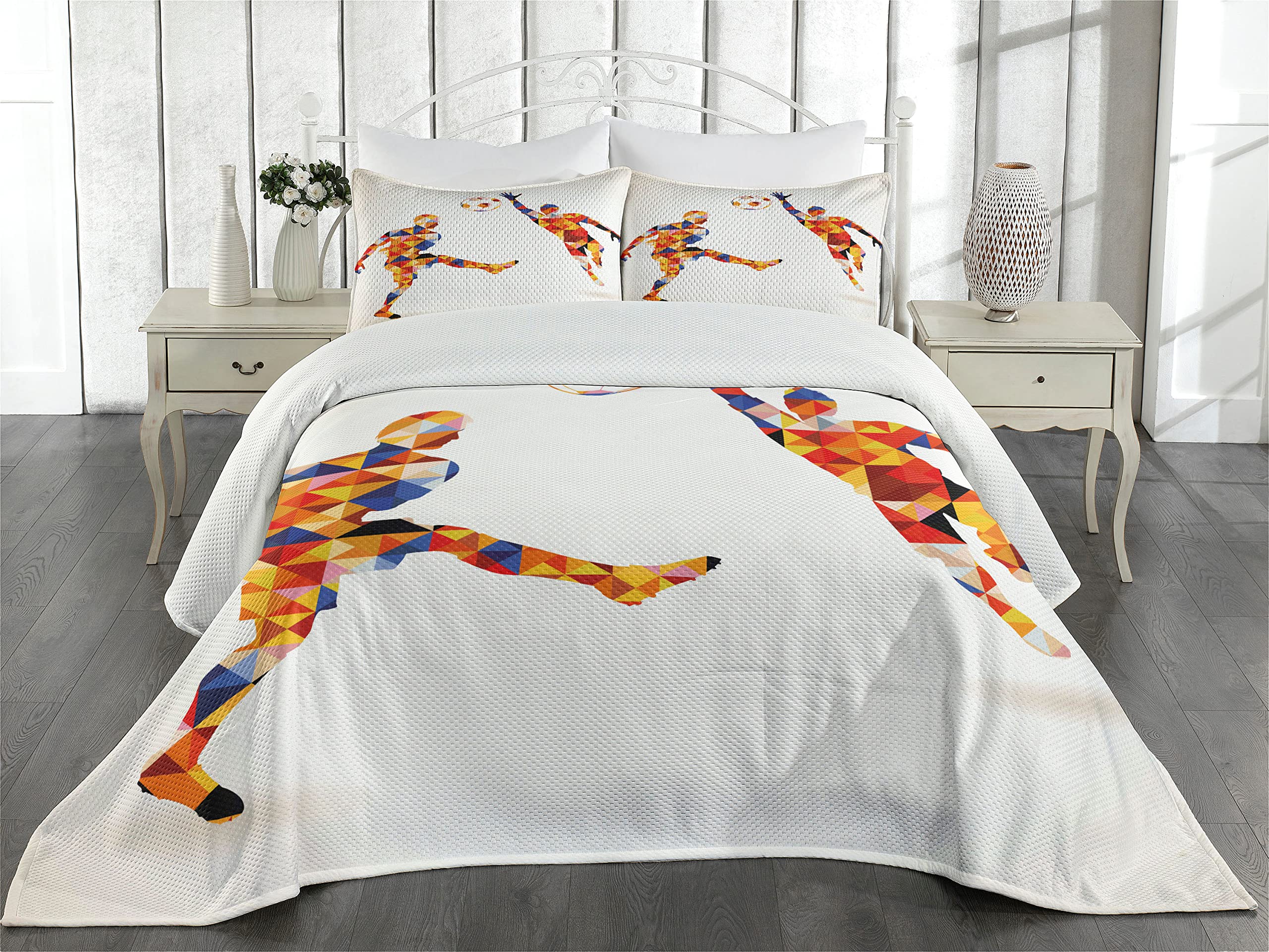 Ambesonne Sports Coverlet, Abstract Design with Football Soccer Players in Geometrical Colorful Shapes Print, 3 Piece Decorative Quilted Bedspread Set with 2 Pillow Shams, Queen Size, Lime Green White