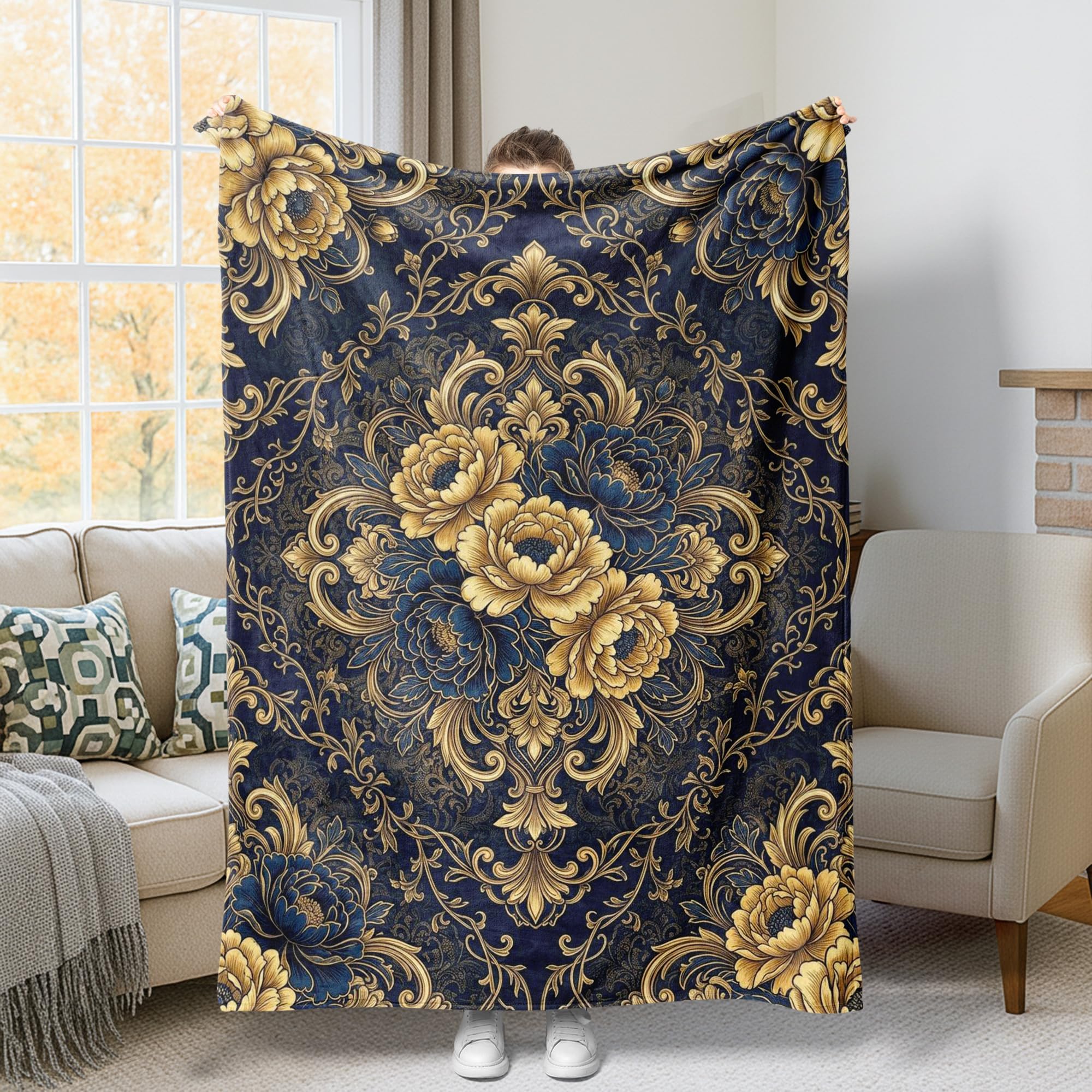 Jeté de lit en polaire pivoine bleu marine haut de gamme style classique