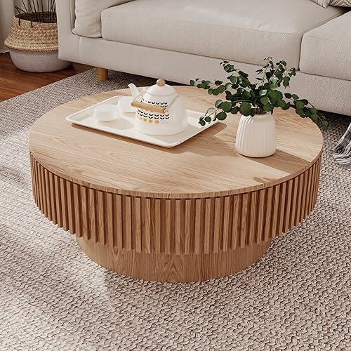 39.37'' Round Coffee Table with Storage, Solid Wood Veneered Modern Drum Coffee Table Accent Tea Table for Living Room, Bedroom, Apartment or Office-Natural