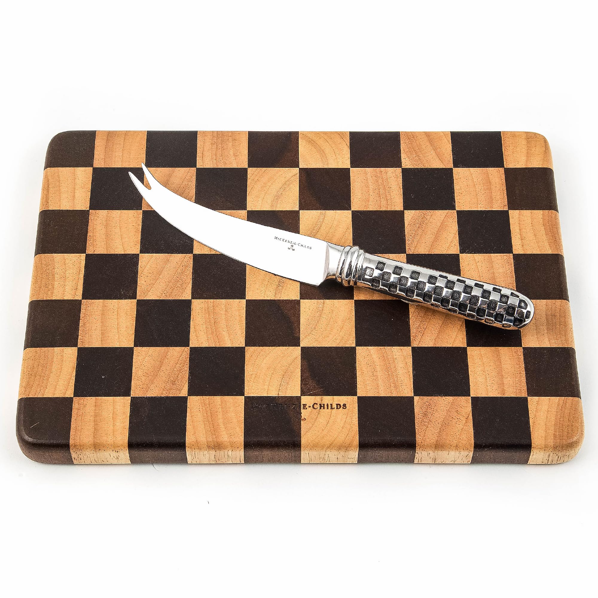 MACKENZIE-CHILDS Check Cheese Board Set, Wooden Cheese Board and Cheese Knife Set, 8- by 12-Inch Cutting Board with Knife